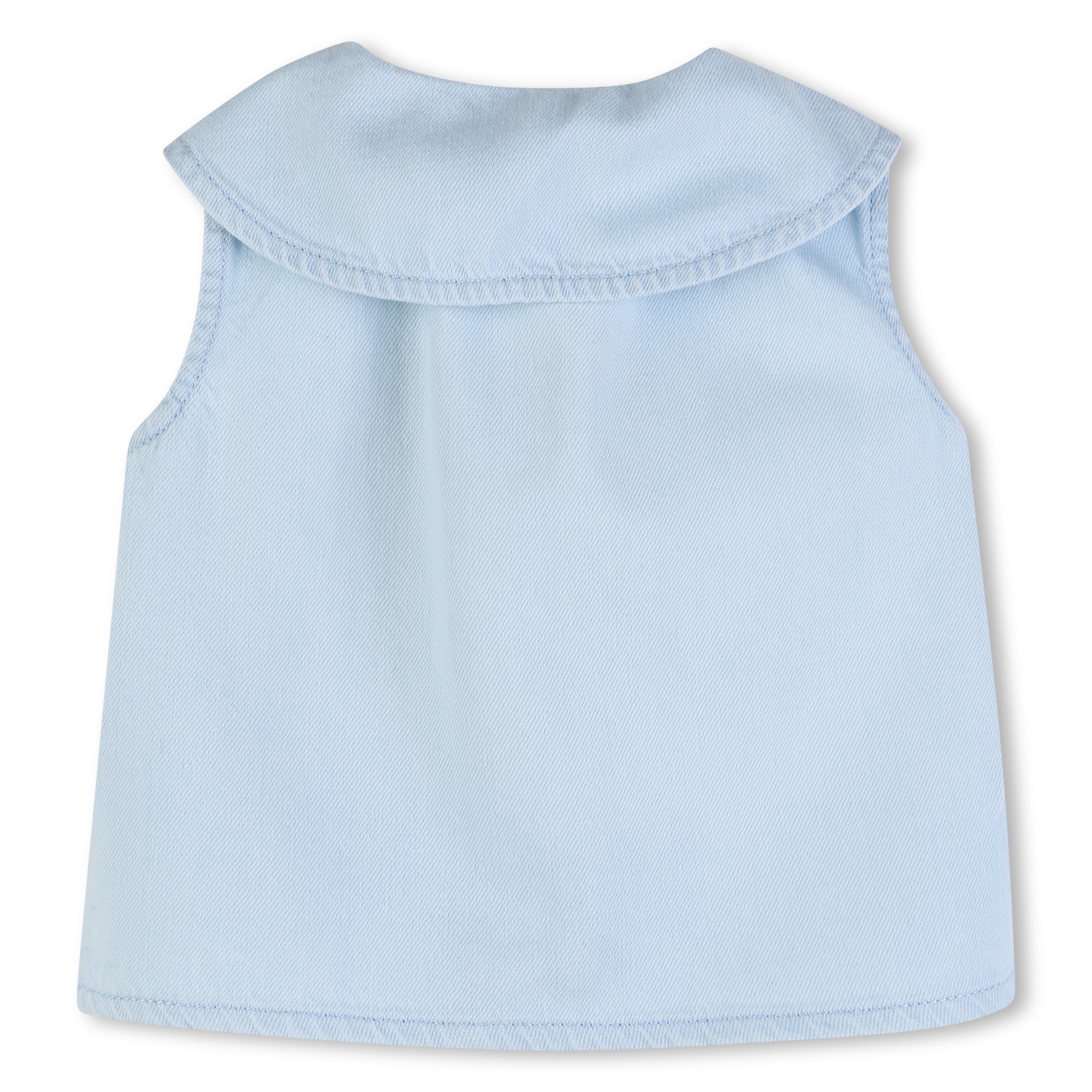 Baby Sleeveless Cotton Denim Top With Embroidered Collar, Light Blue Chloe