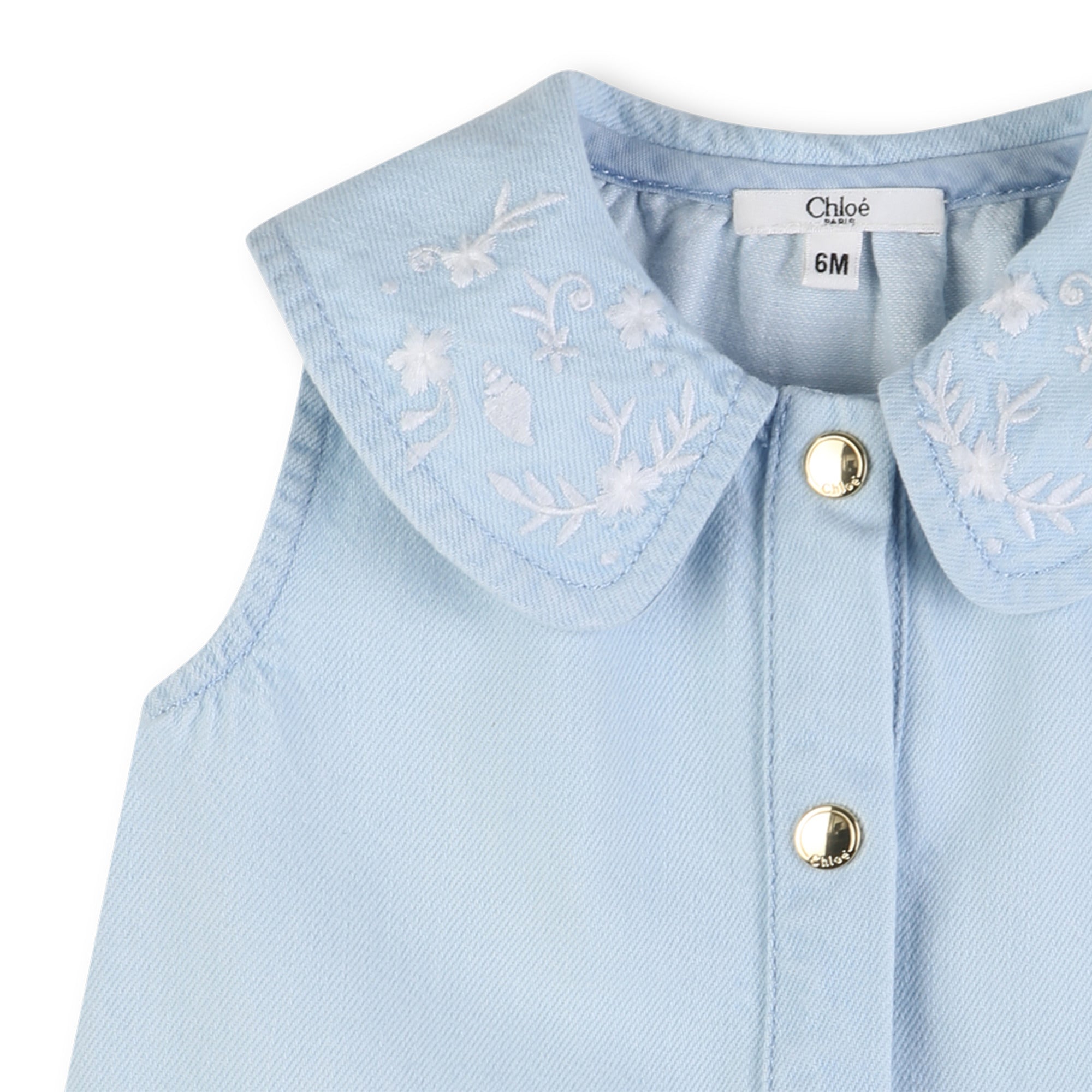 Baby Sleeveless Cotton Denim Top With Embroidered Collar, Light Blue Chloe