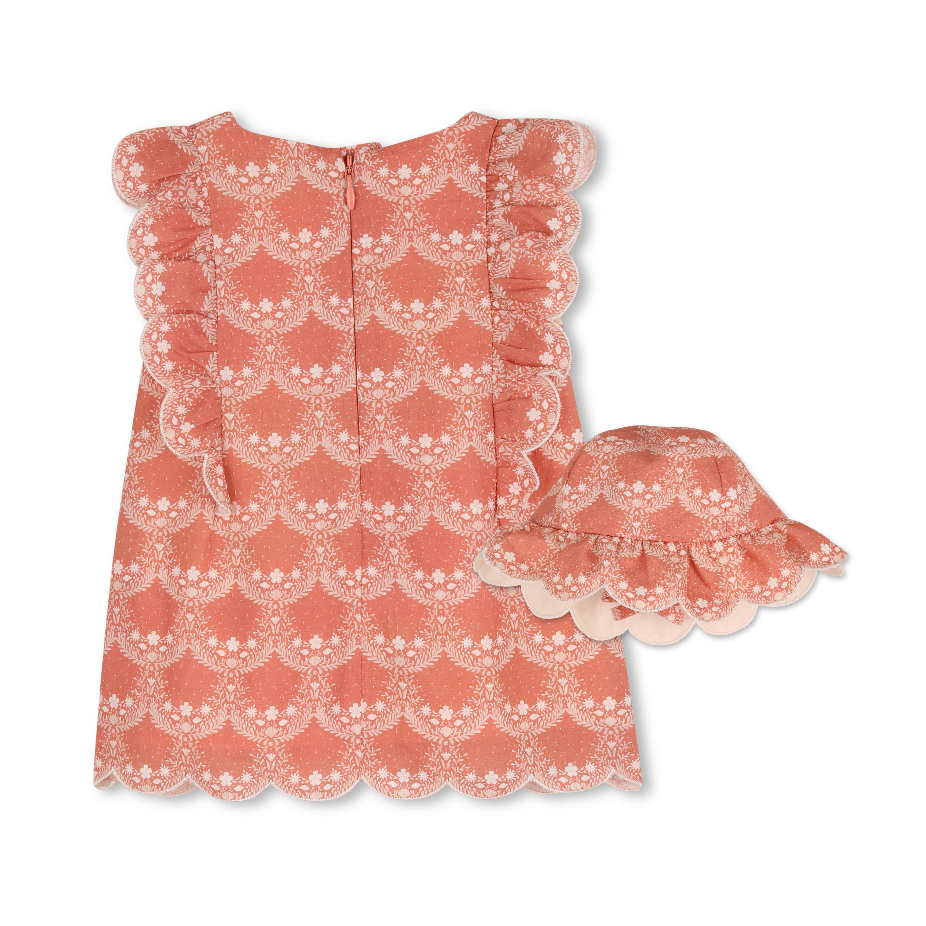 Baby Ceremony Dress And Hat Set, Organic Cotton, Jacquard Dots, Scalloped Hem Chloe