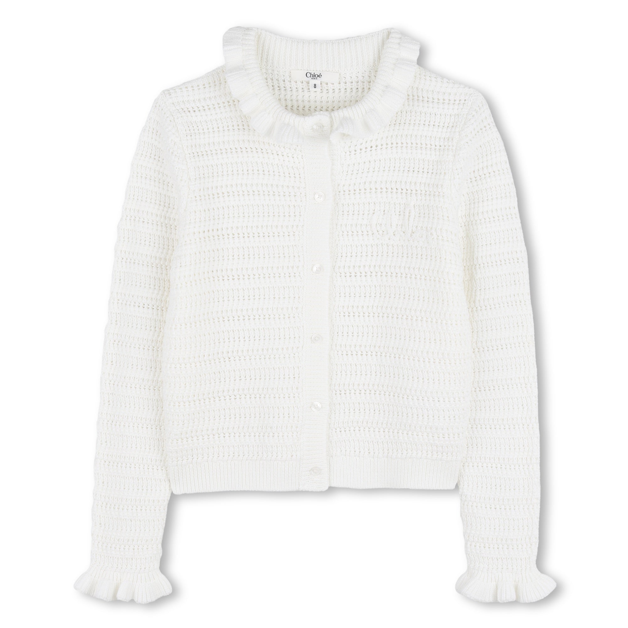 Organic Cotton Crochet Knit Cardigan with Flounced Collar and Cuffs Chloe