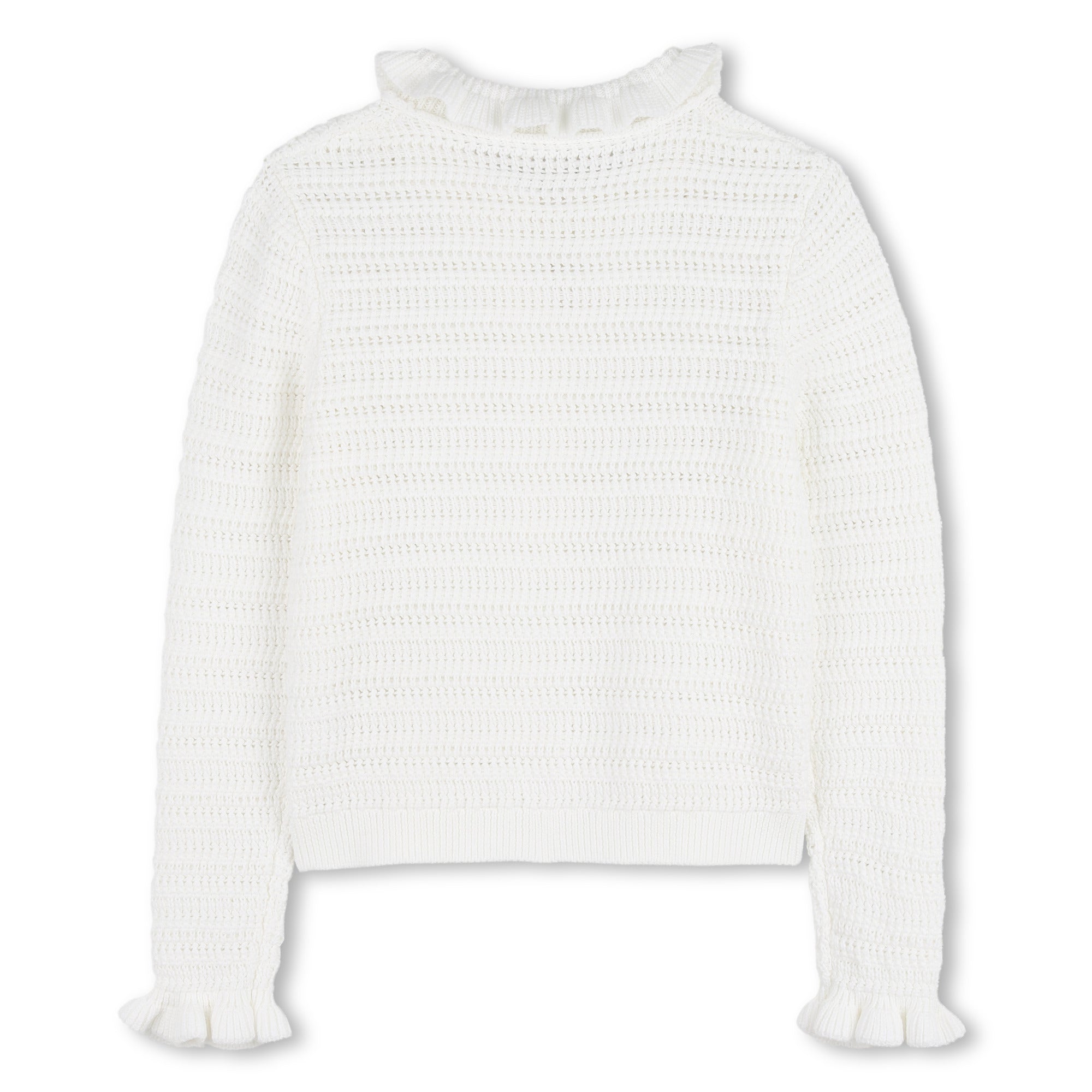 Organic Cotton Crochet Knit Cardigan with Flounced Collar and Cuffs Chloe