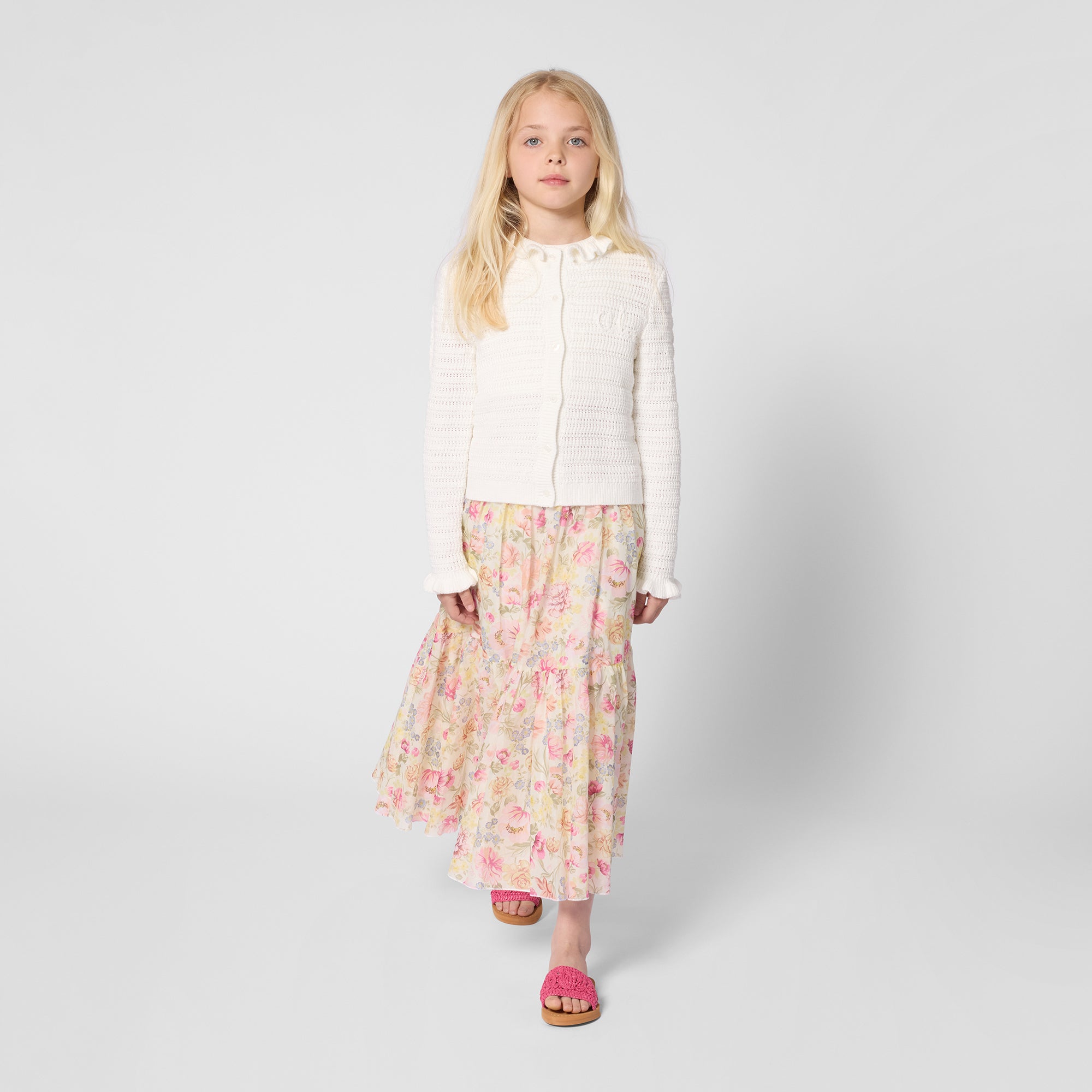 Organic Cotton Crochet Knit Cardigan with Flounced Collar and Cuffs Chloe