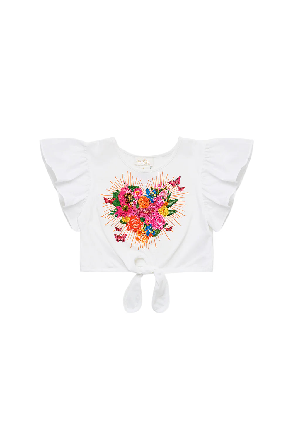 Illustration Nation Kids Tie Front Crop Tee With Frill Sleeve Camilla