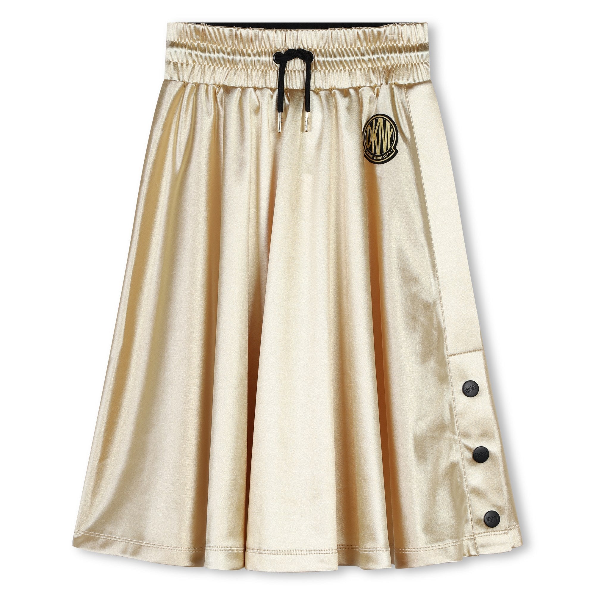 Gold Satin Midi Skirt with Branded Snaps DKNY