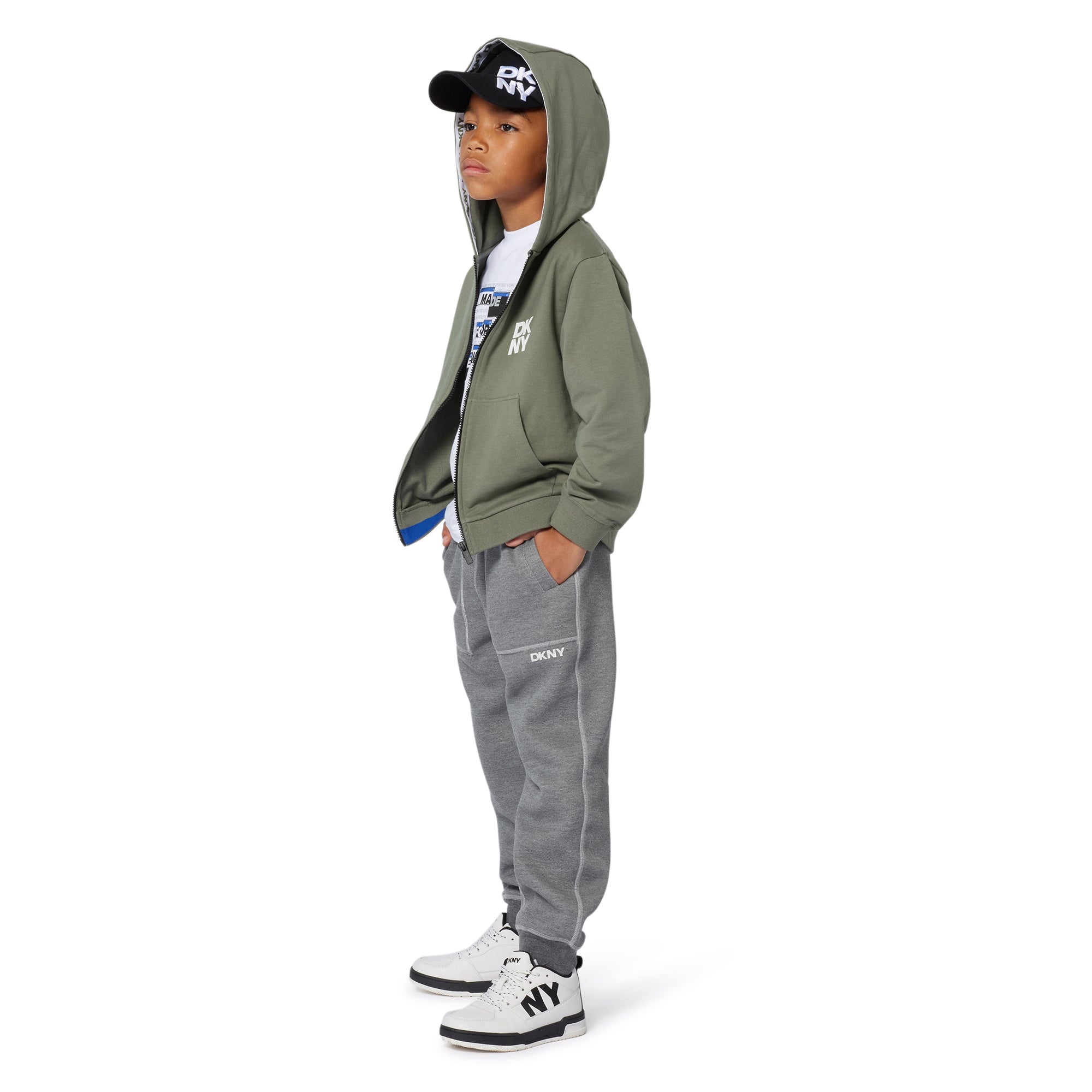 Organic Cotton Short Sleeve T-Shirt with Printed Front and Striped Sleeve Detail DKNY