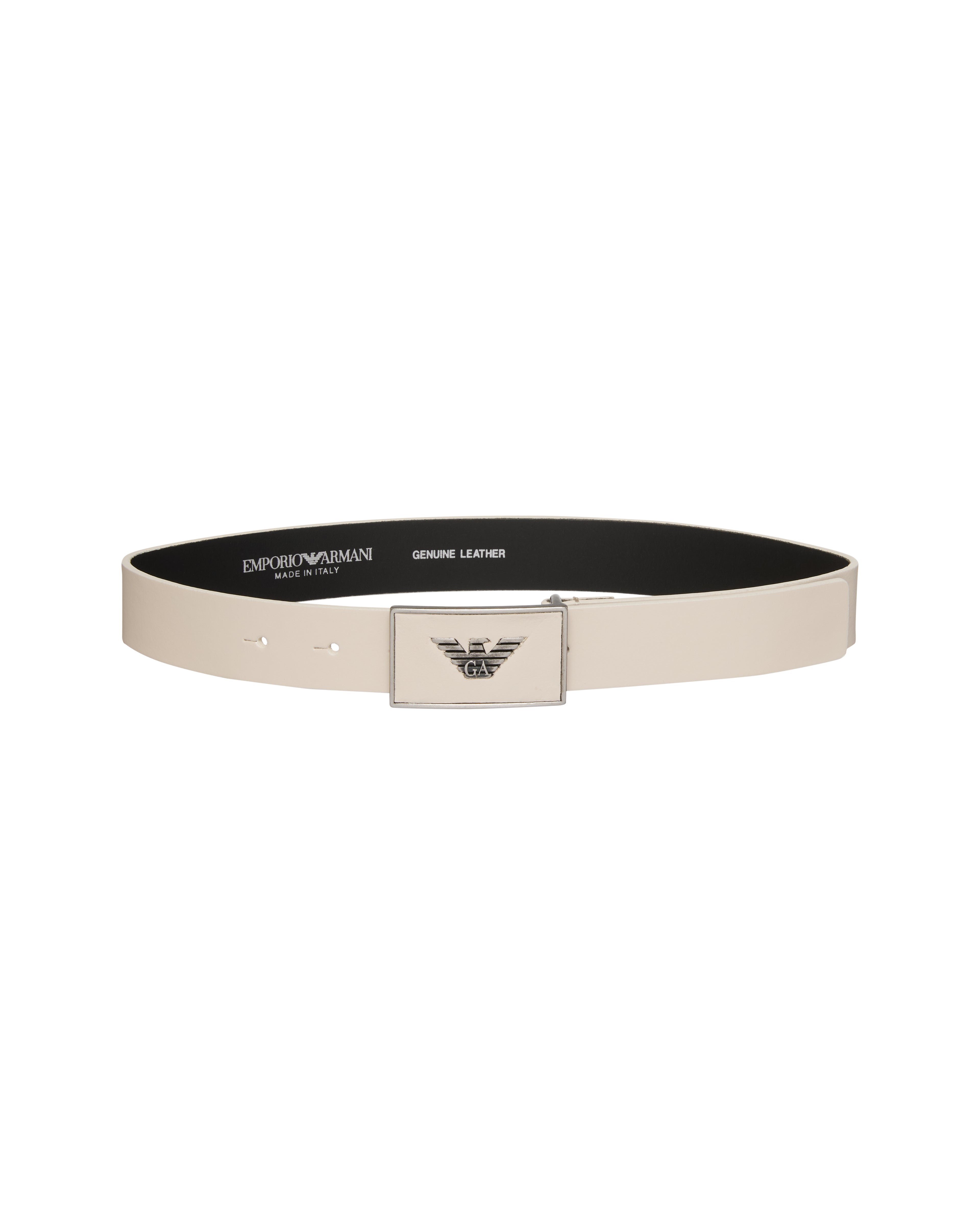 Kids Leather Belt with Logo Buckle, Ecru Emporio Armani