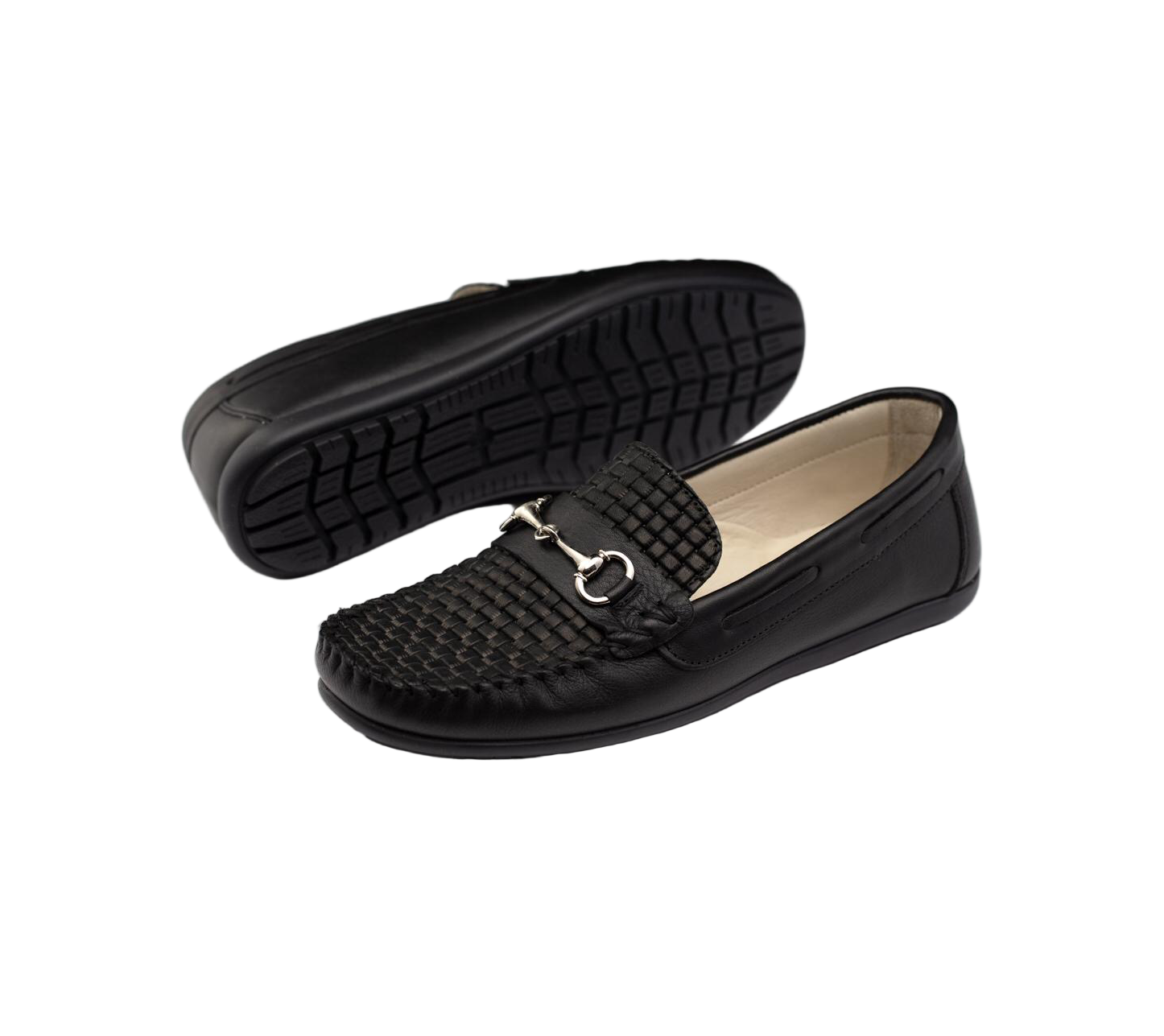 Kids Black Woven Leather Loafers With Metal Detail