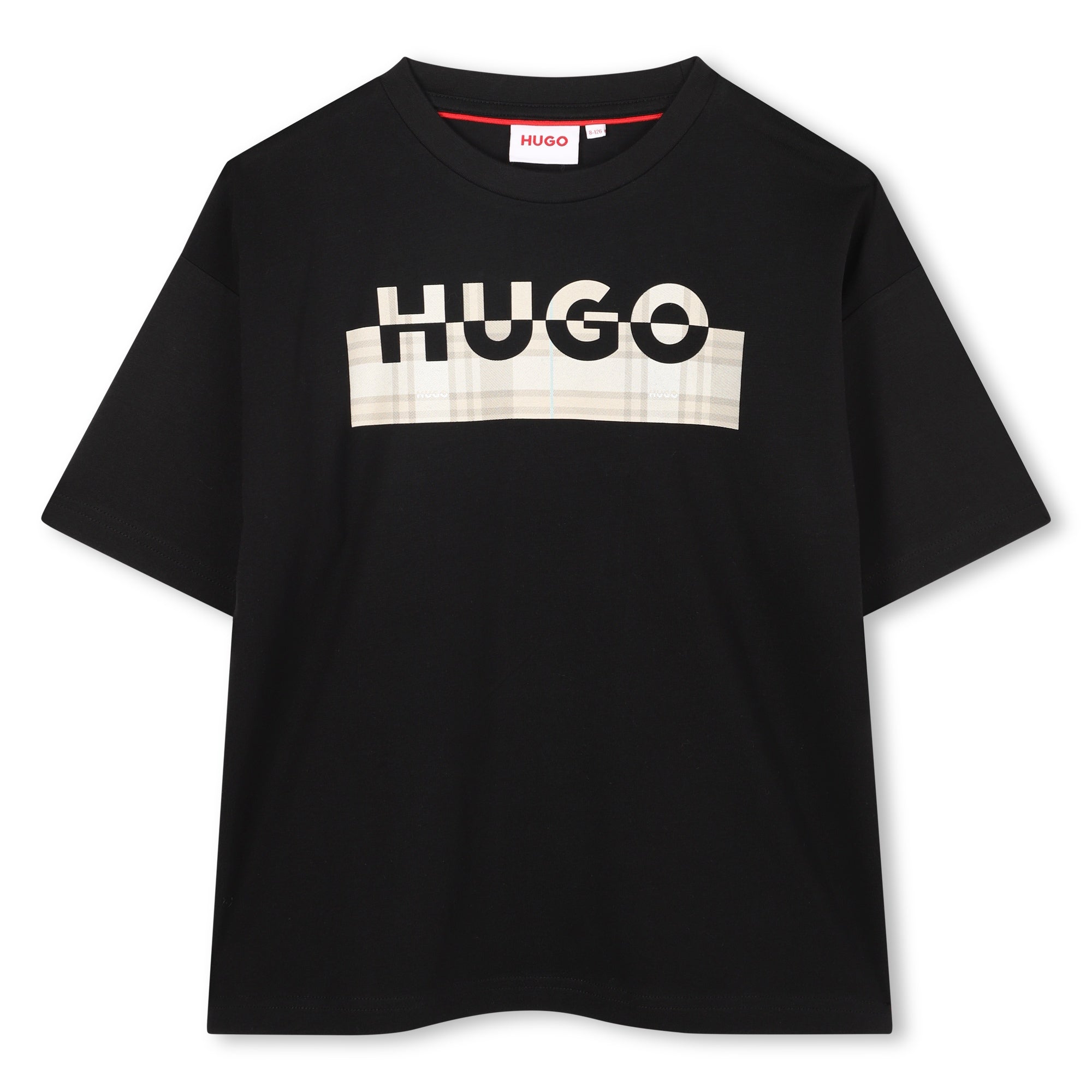 Black Organic Cotton Short Sleeve T-Shirt with Split Logo and All-Over Print Background Hugo