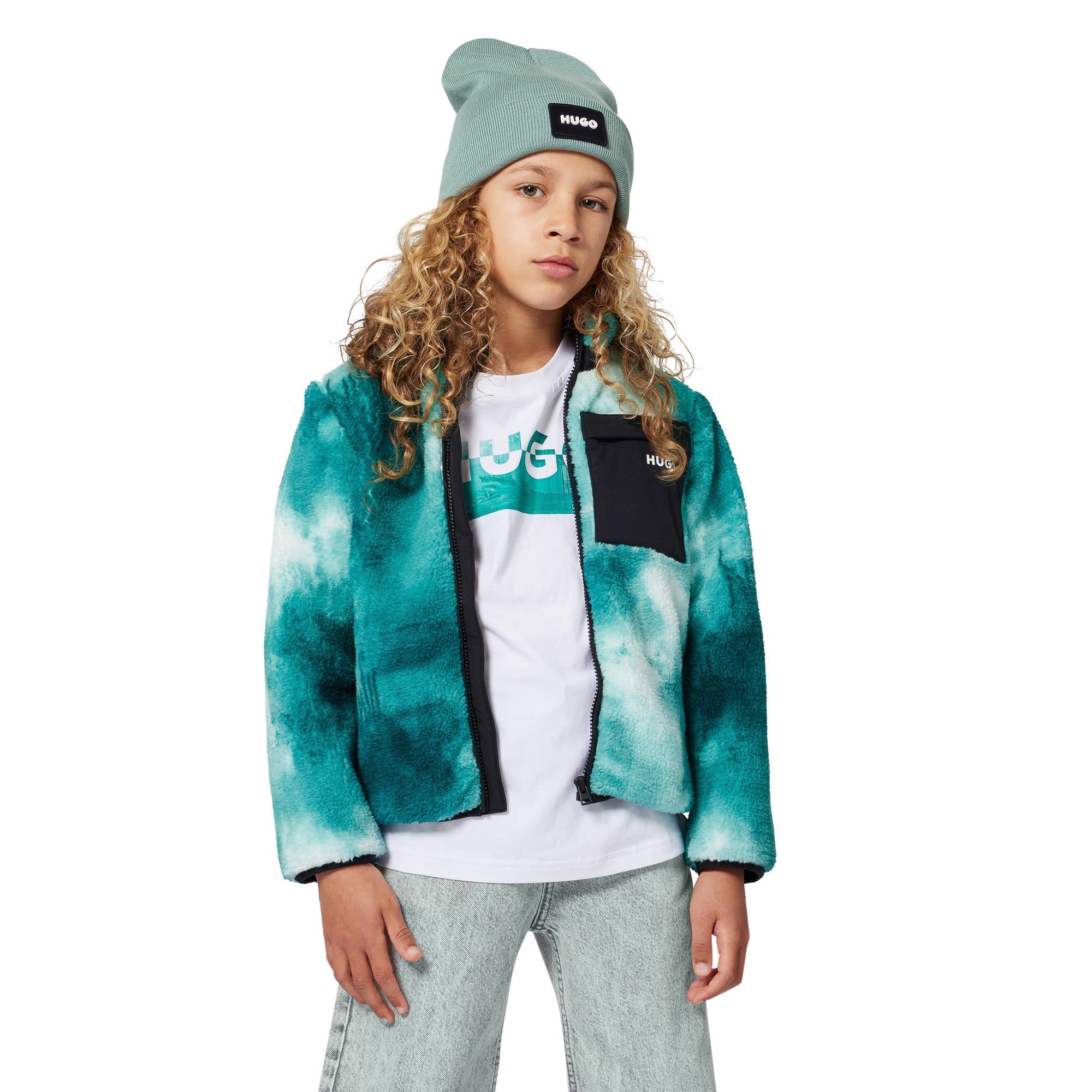 Black Organic Cotton Short Sleeve T-Shirt with Split Logo and All-Over Print Background Hugo