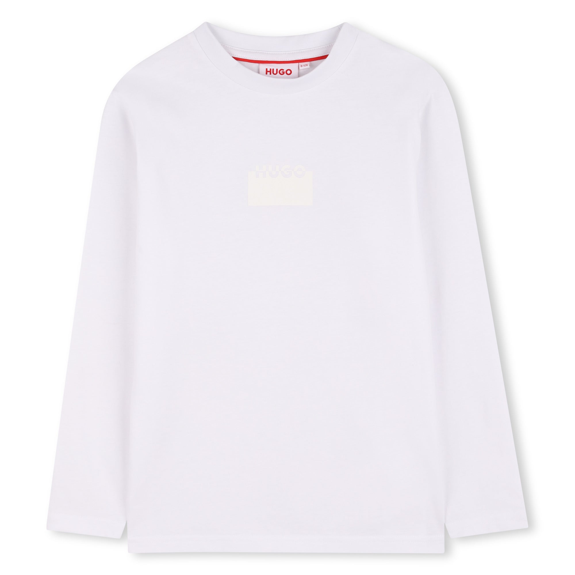 White Organic Cotton Long Sleeve T-Shirt with Split Logo Print Hugo