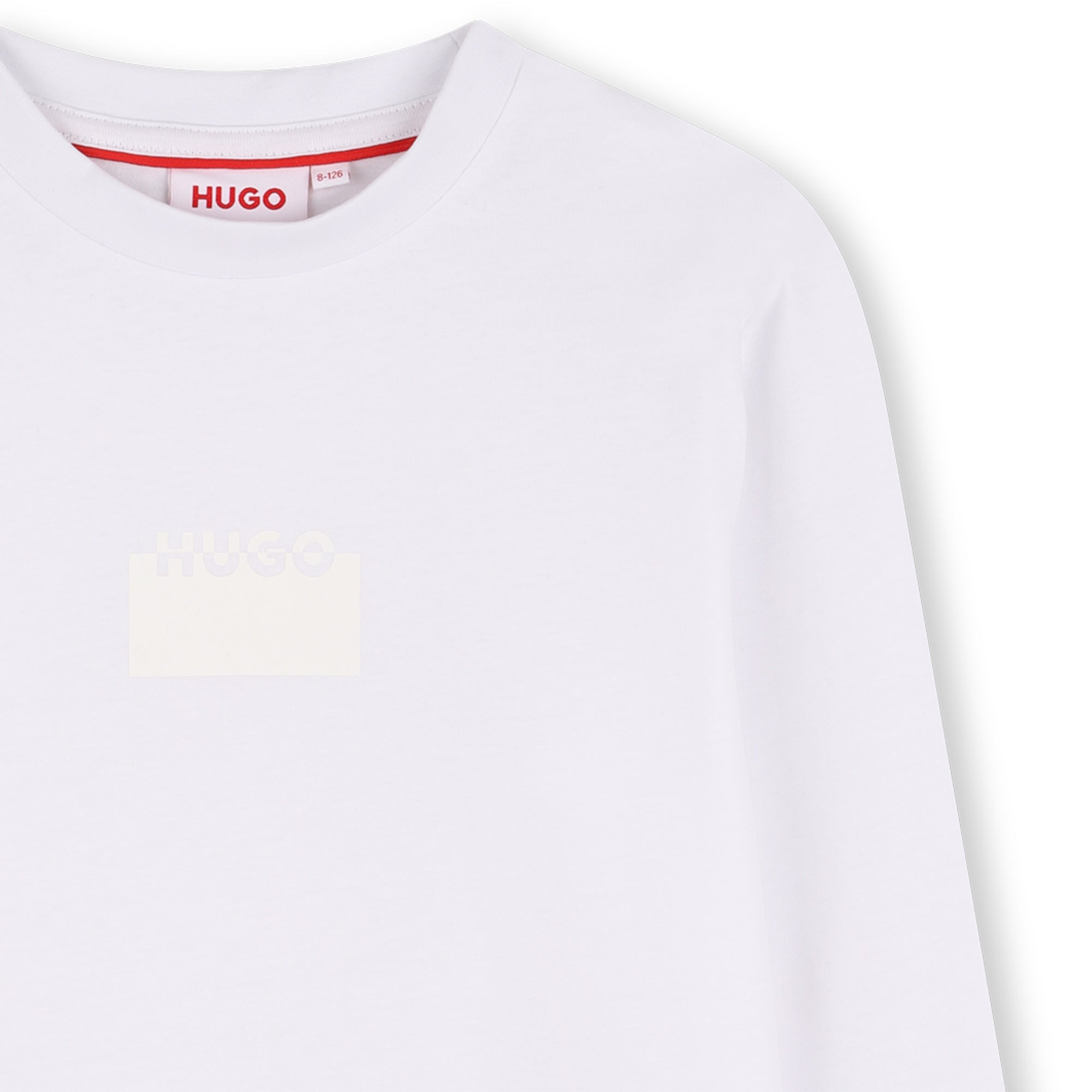 White Organic Cotton Long Sleeve T-Shirt with Split Logo Print Hugo
