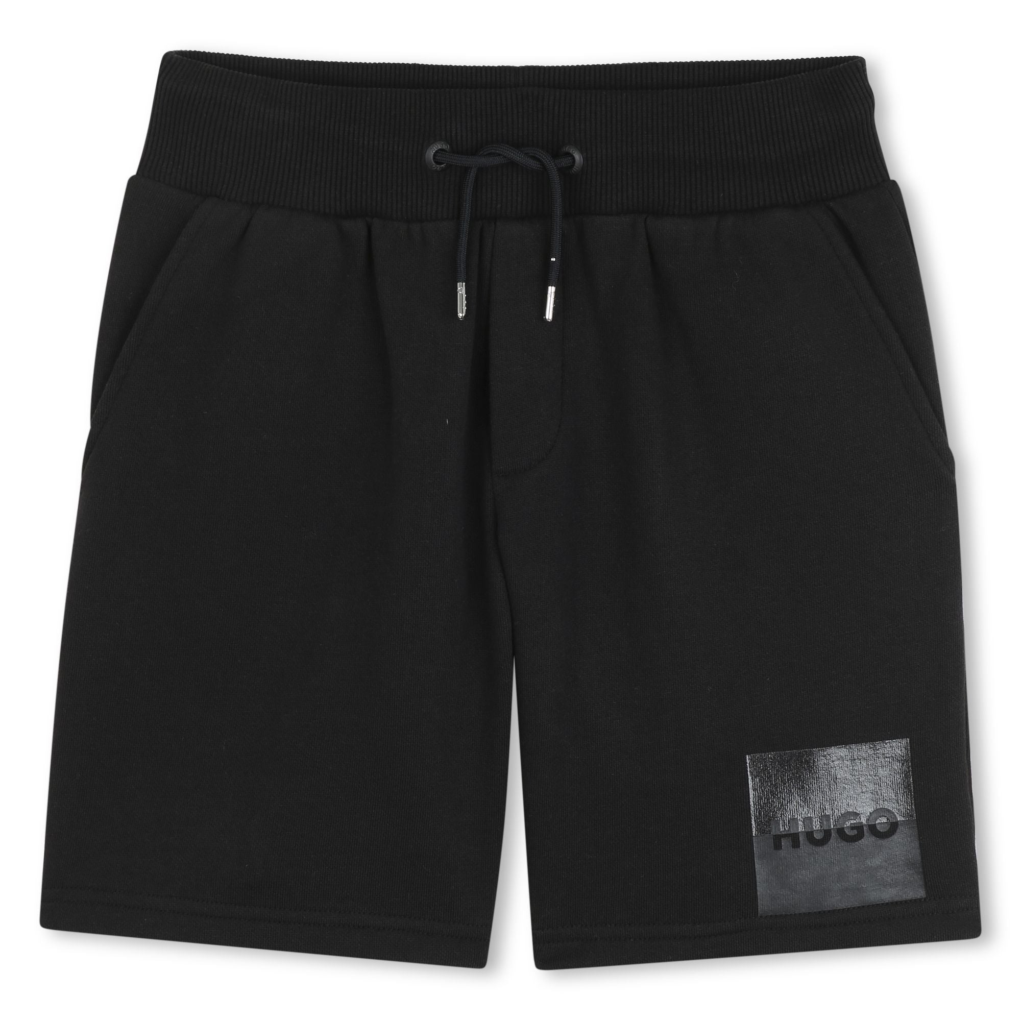 Black Brushed Fleece Jogging Shorts with Split Logo Print Hugo