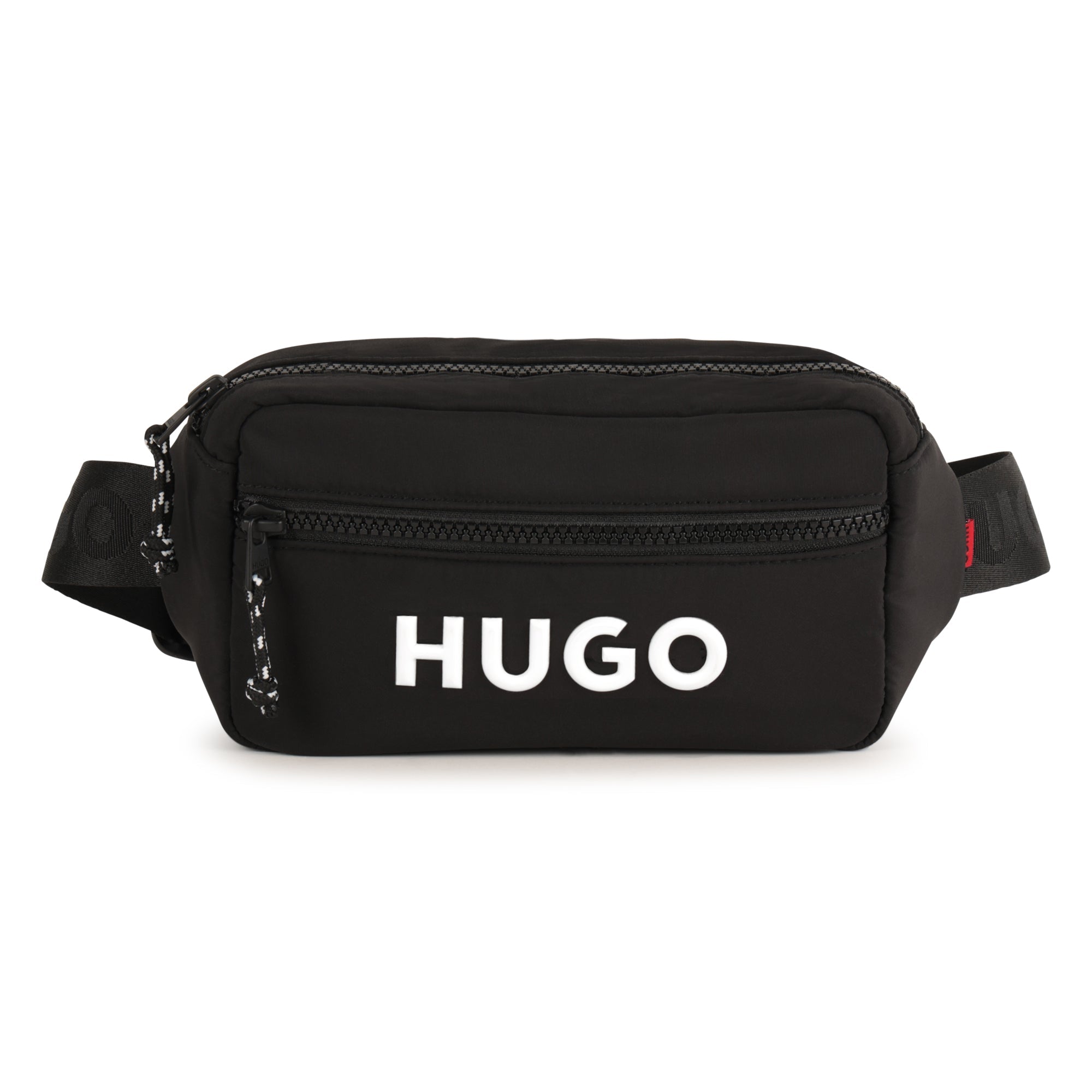 Black Matte Waist Bag with Branded Print and Adjustable Jacquard Strap Hugo