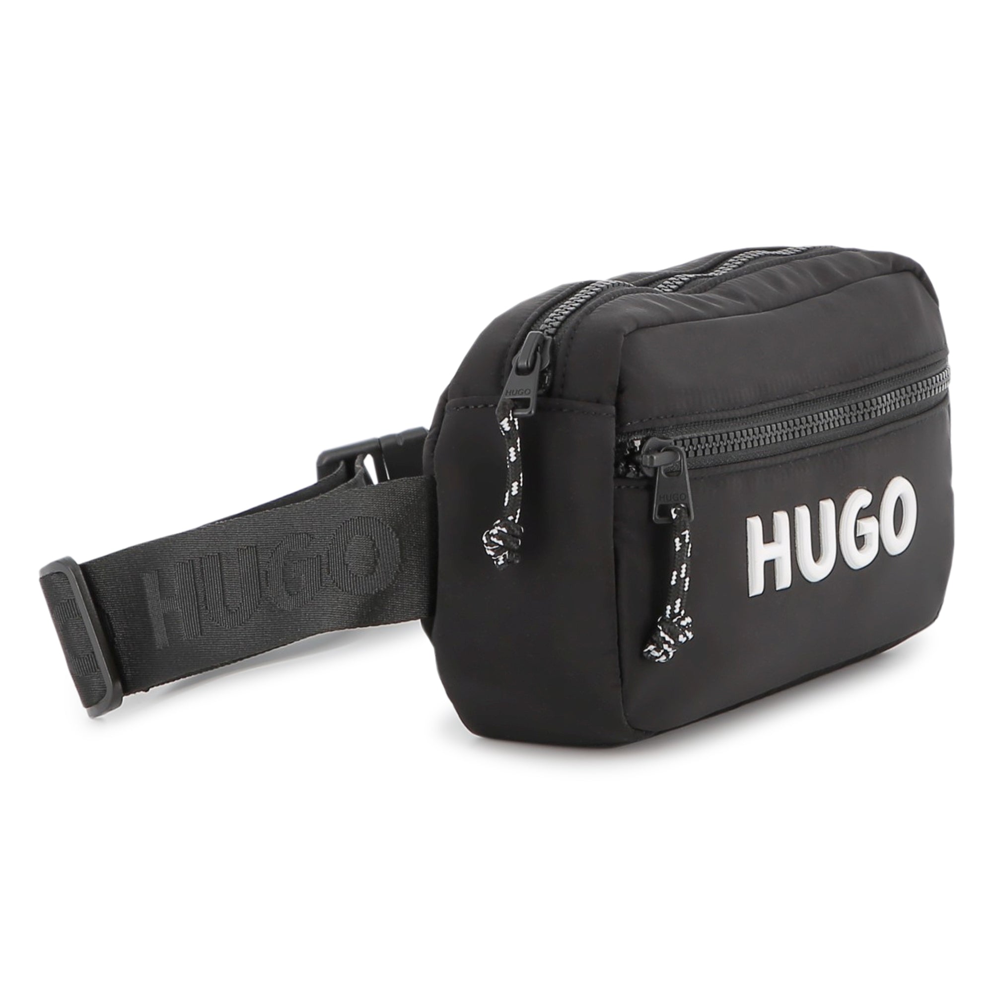 Black Matte Waist Bag with Branded Print and Adjustable Jacquard Strap Hugo