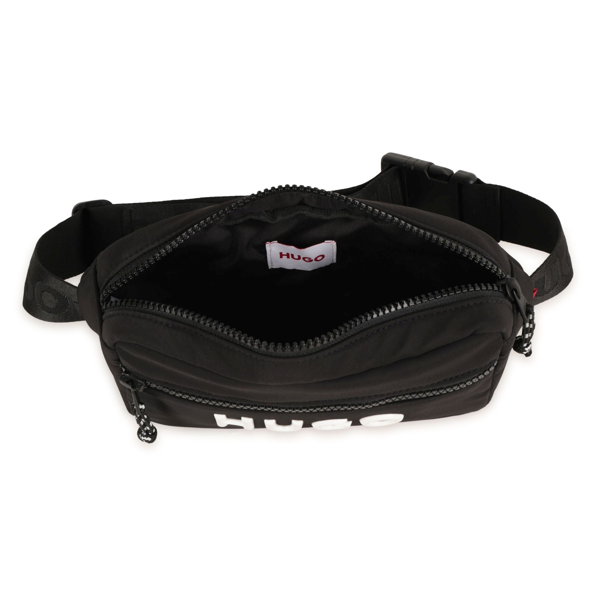 Black Matte Waist Bag with Branded Print and Adjustable Jacquard Strap