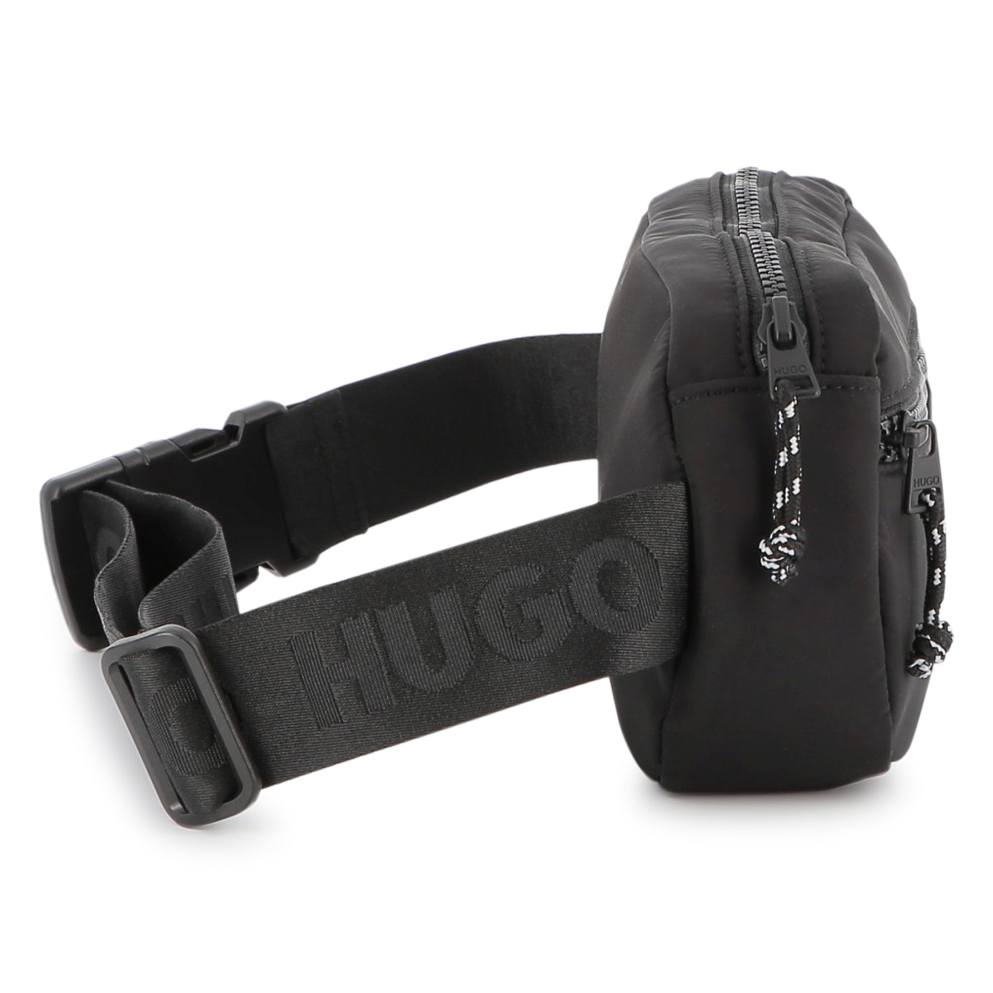 Black Matte Waist Bag with Branded Print and Adjustable Jacquard Strap