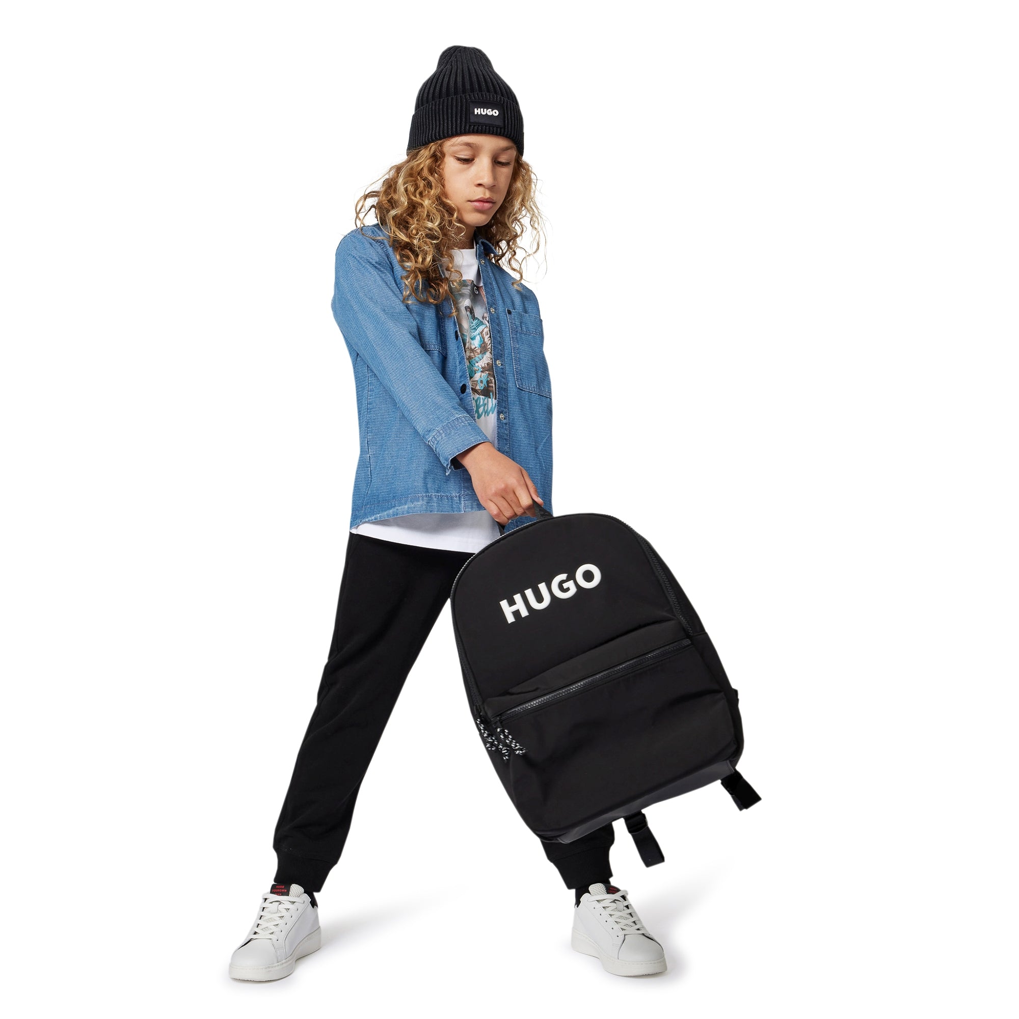 Black Matte Backpack with Branded Print and Padded Mesh Straps Hugo