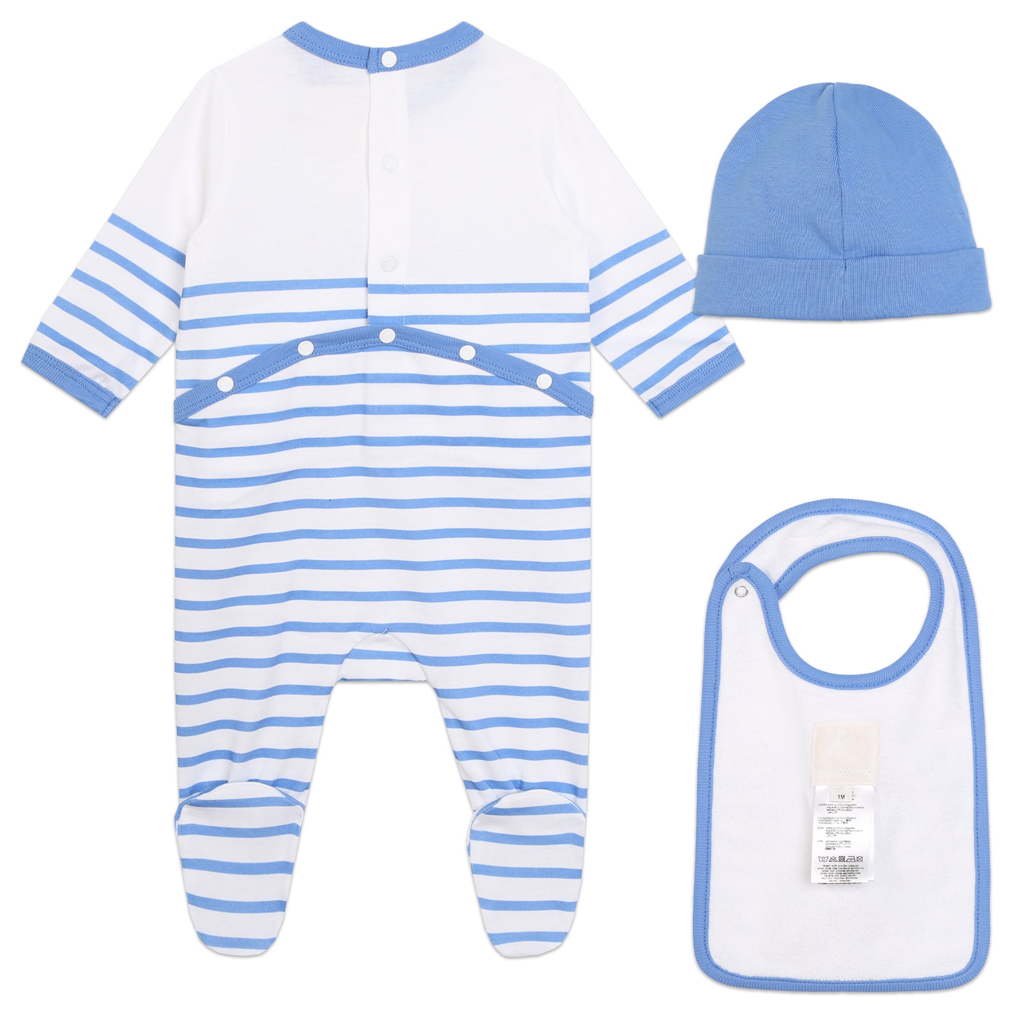 Striped PJs, Bib, and Hat Set