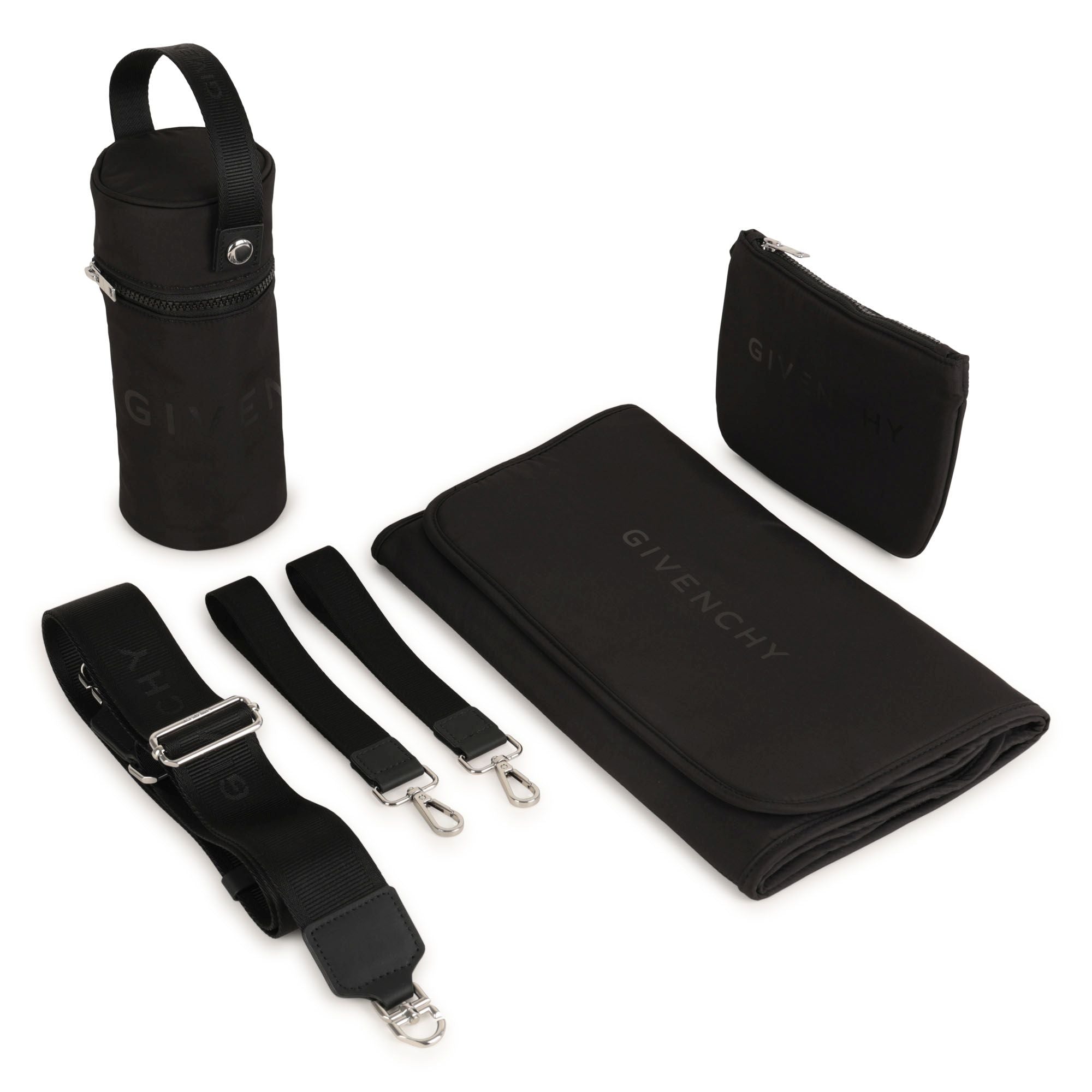 Black Quilted Nylon Changing Bag Set with Mat and Bottle Holder