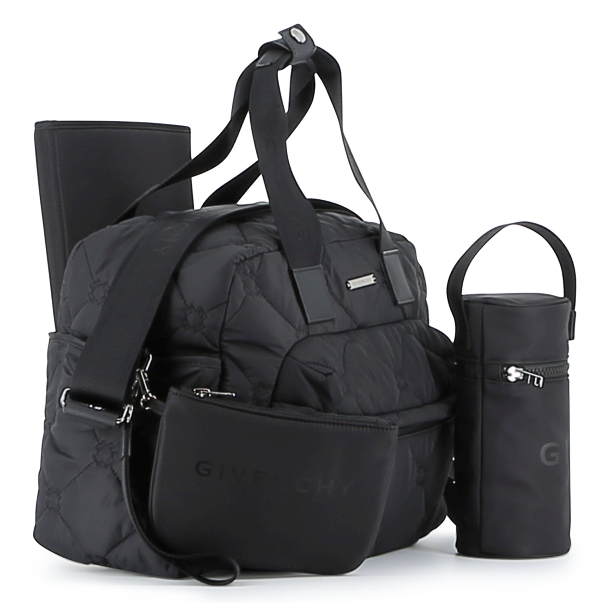 Black Quilted Nylon Changing Bag Set with Mat and Bottle Holder