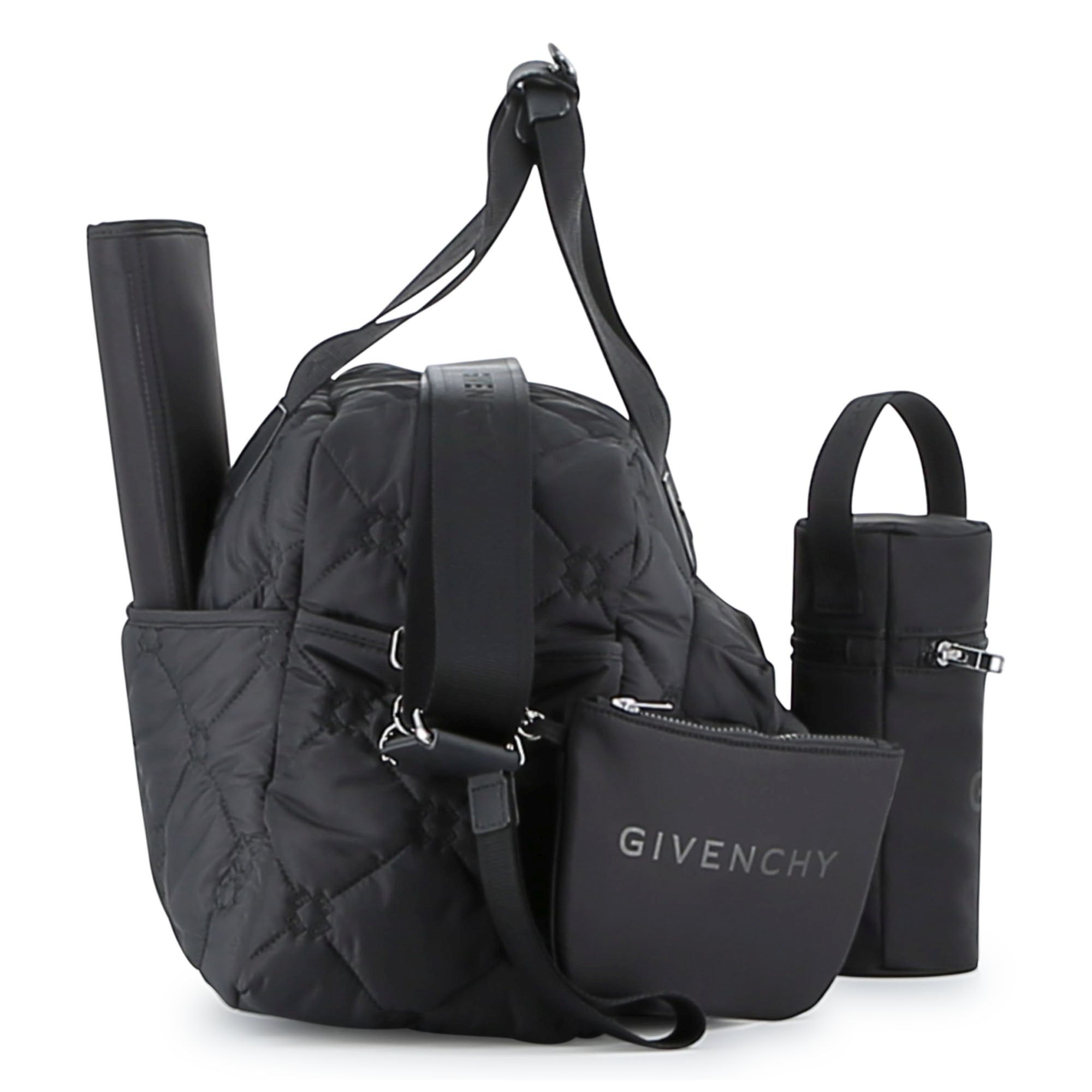 Black Quilted Nylon Changing Bag Set with Mat and Bottle Holder
