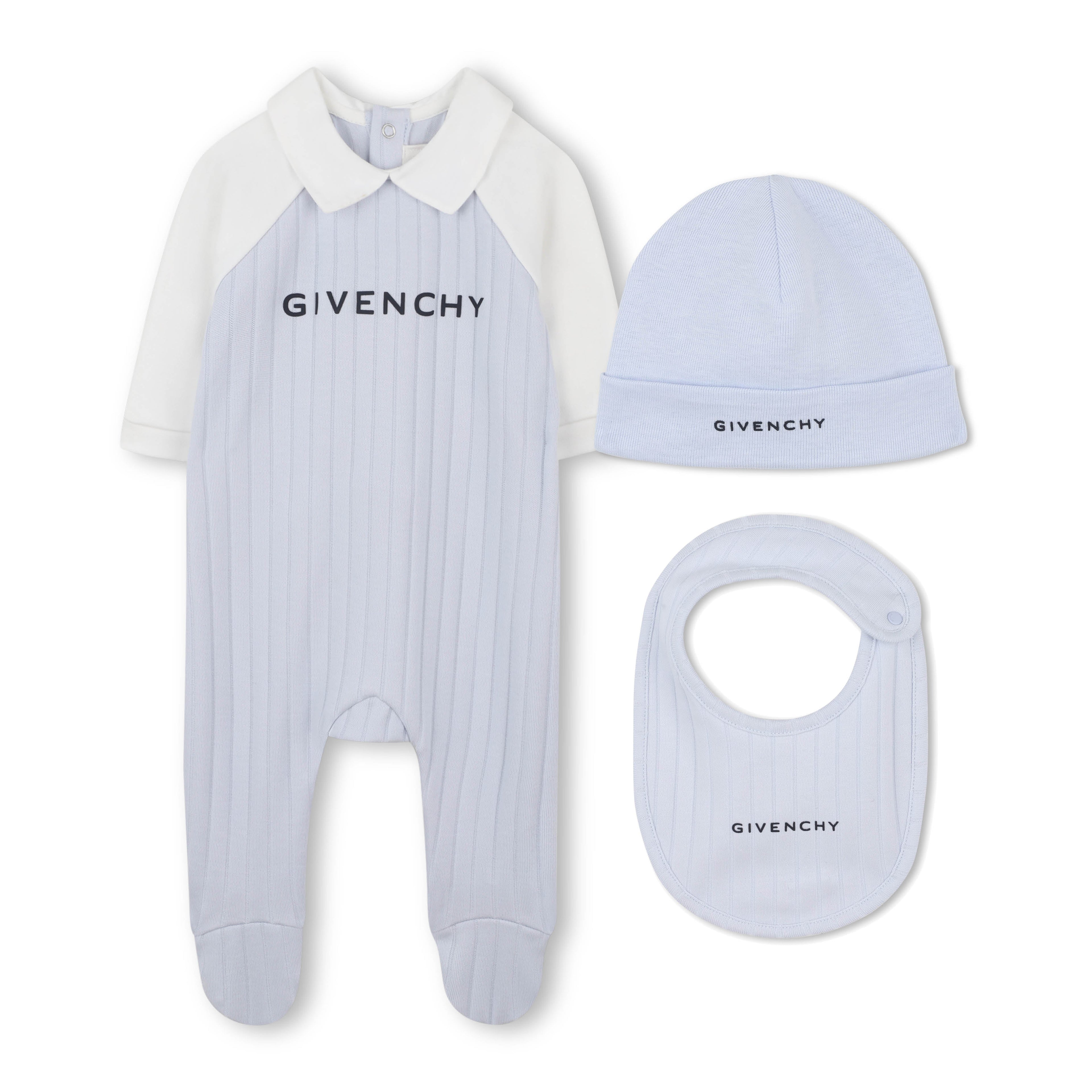 Marshmallow and Pale Blue Cotton Pyjama, Bib and Hat Set with Givenchy Logo Givenchy