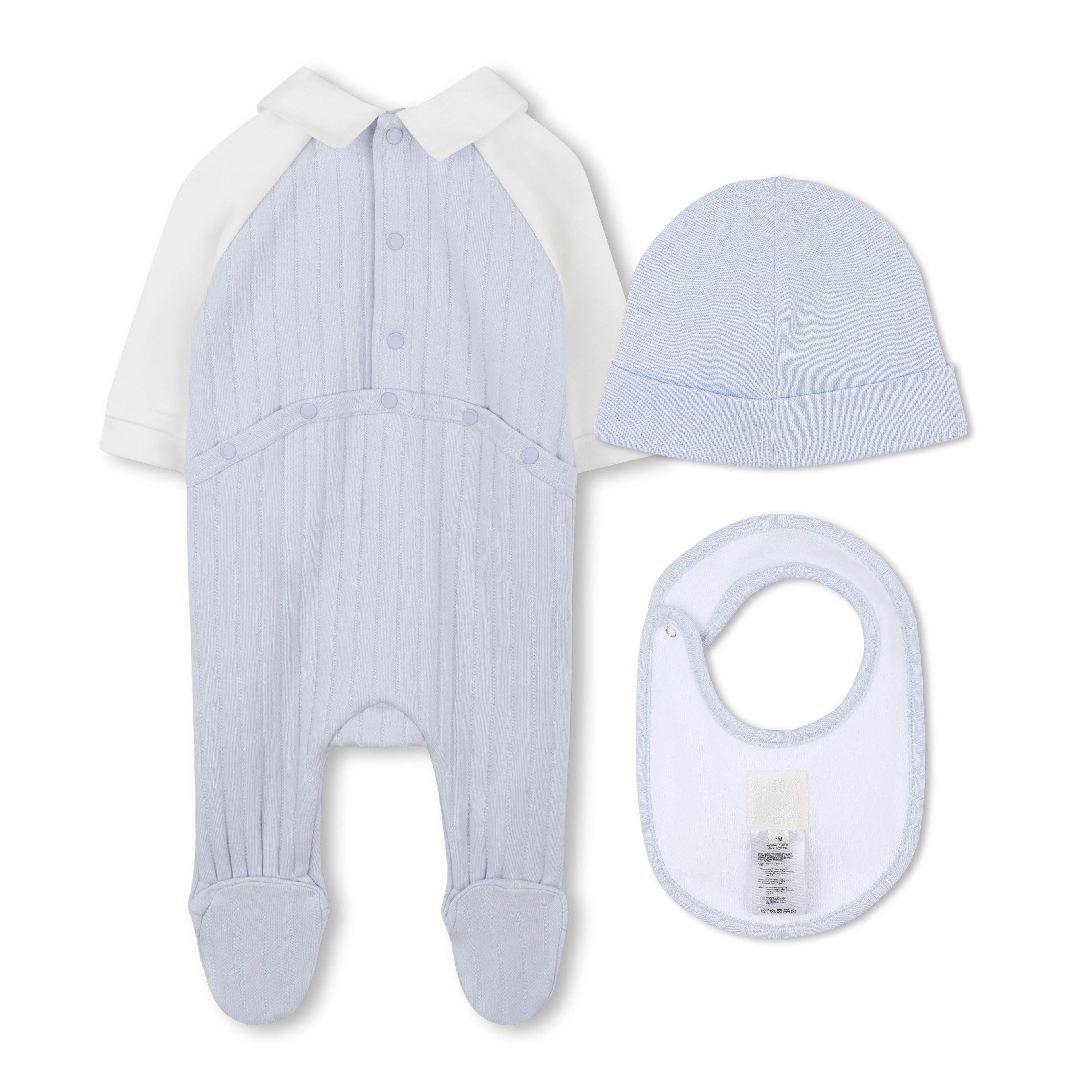 Marshmallow and Pale Blue Cotton Pyjama, Bib and Hat Set with Givenchy Logo Givenchy