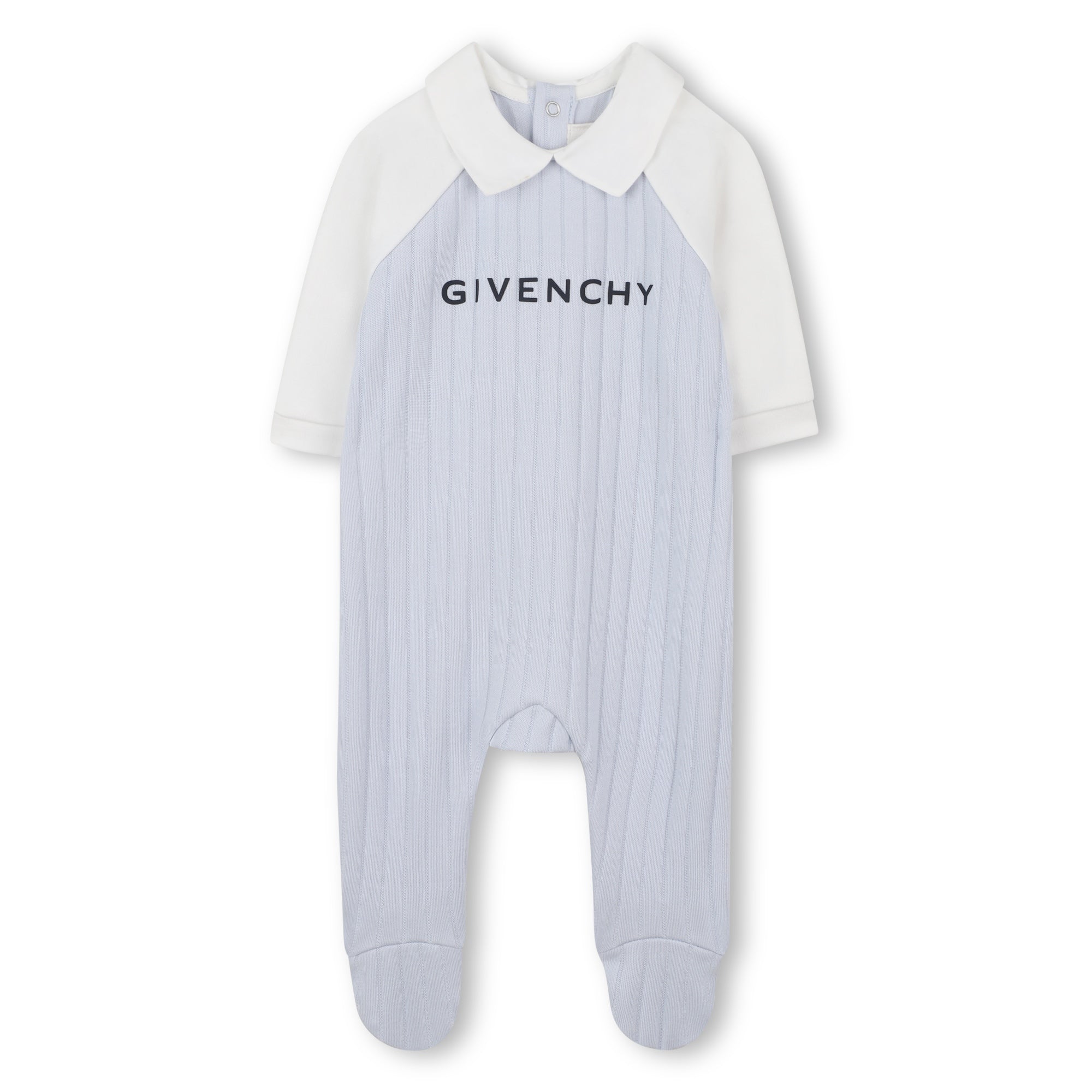 Marshmallow and Pale Blue Cotton Pyjama, Bib and Hat Set with Givenchy Logo Givenchy
