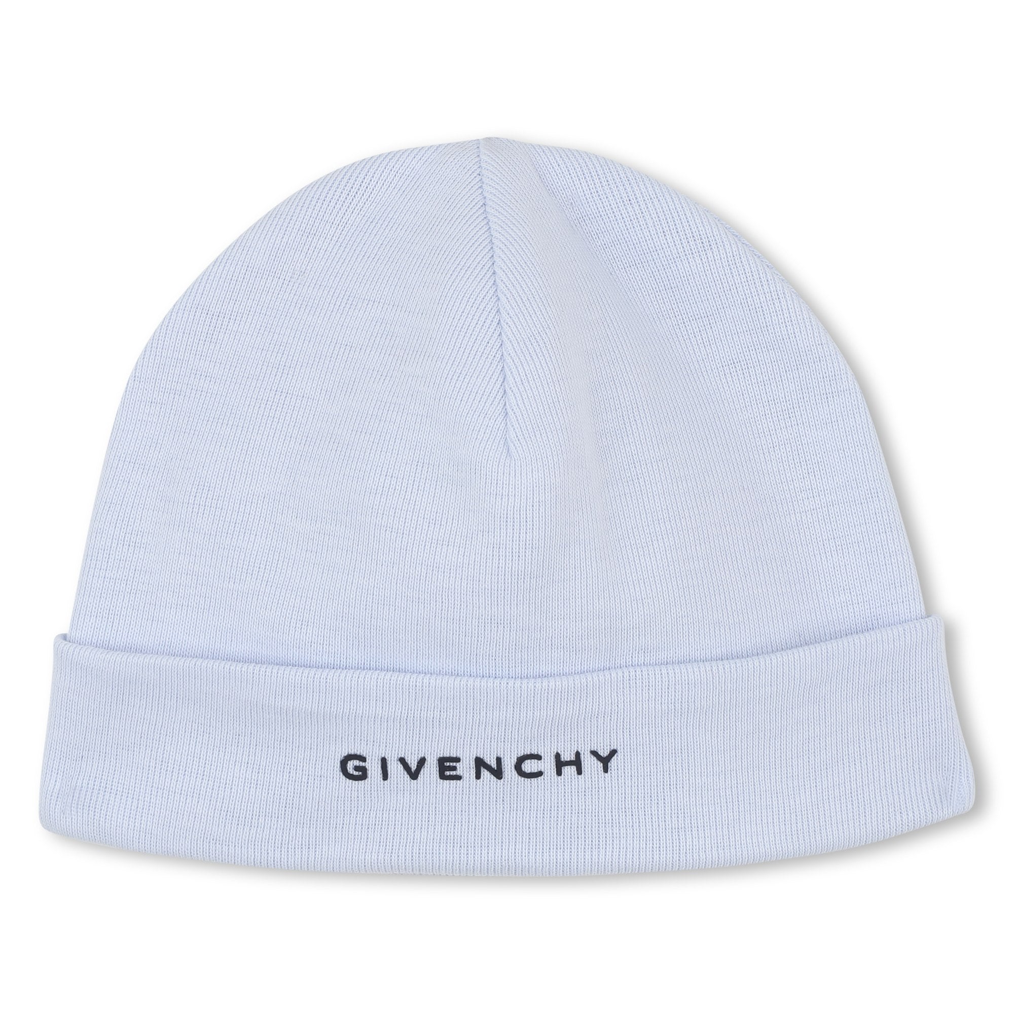 Marshmallow and Pale Blue Cotton Pyjama, Bib and Hat Set with Givenchy Logo