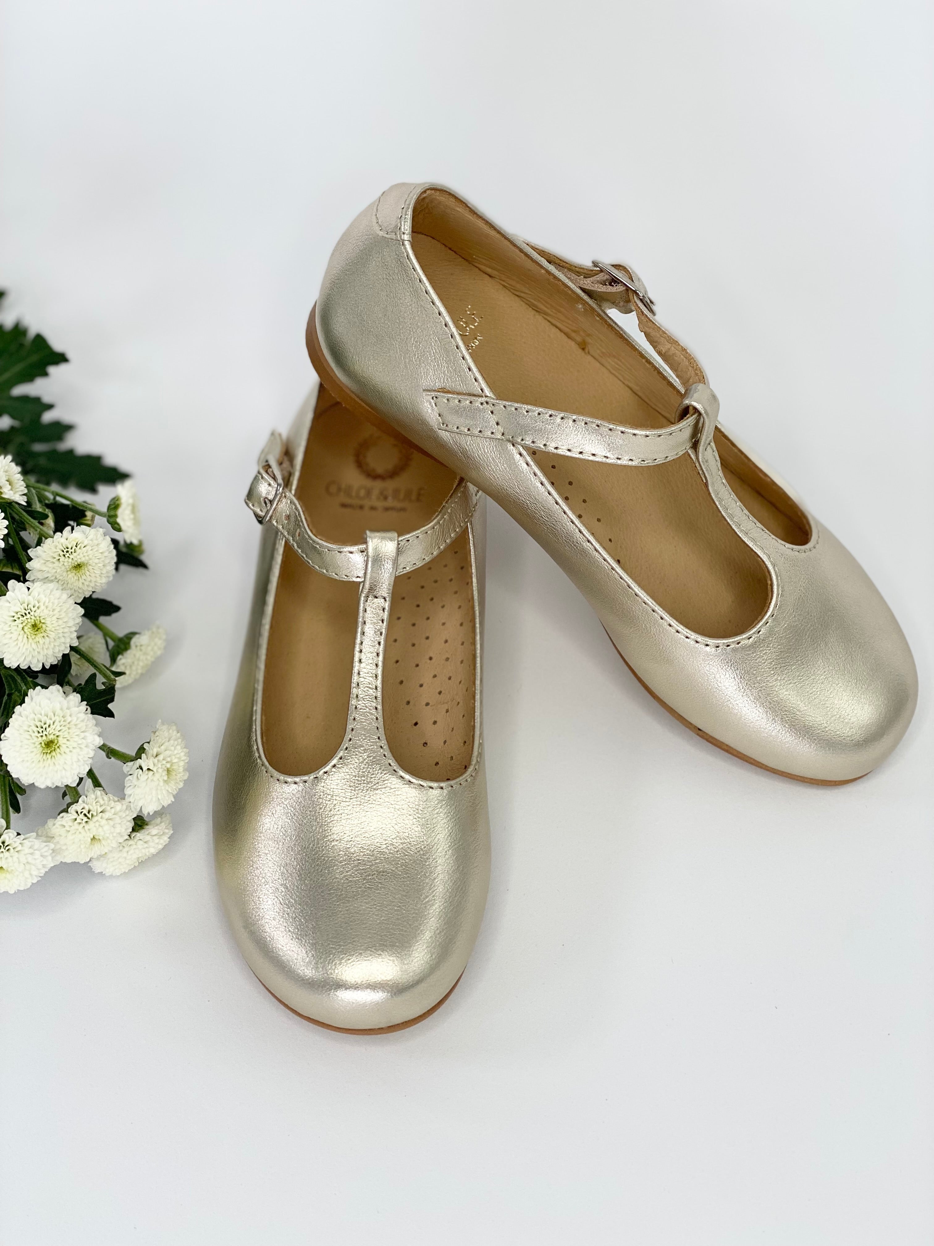 Champagne Gold T-Bar Mary Janes Chloe & Jule