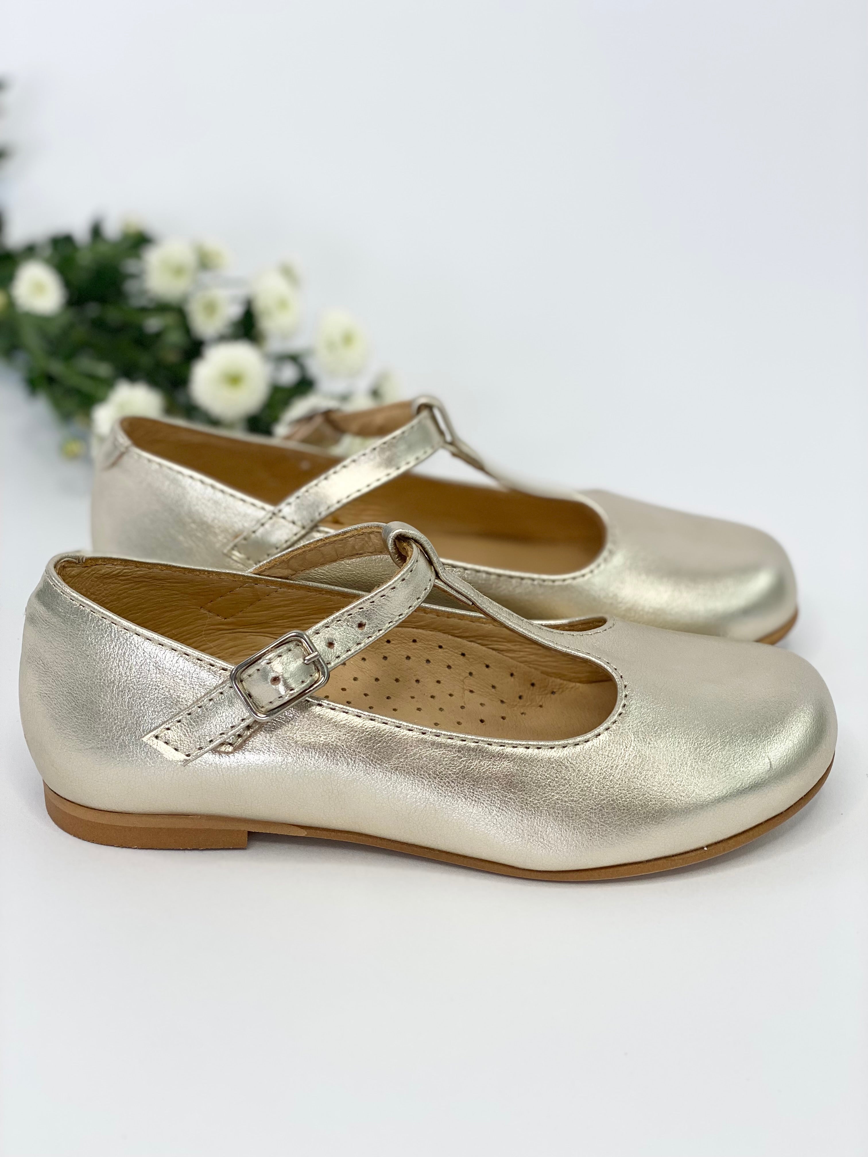 Champagne Gold T-Bar Mary Janes Chloe & Jule