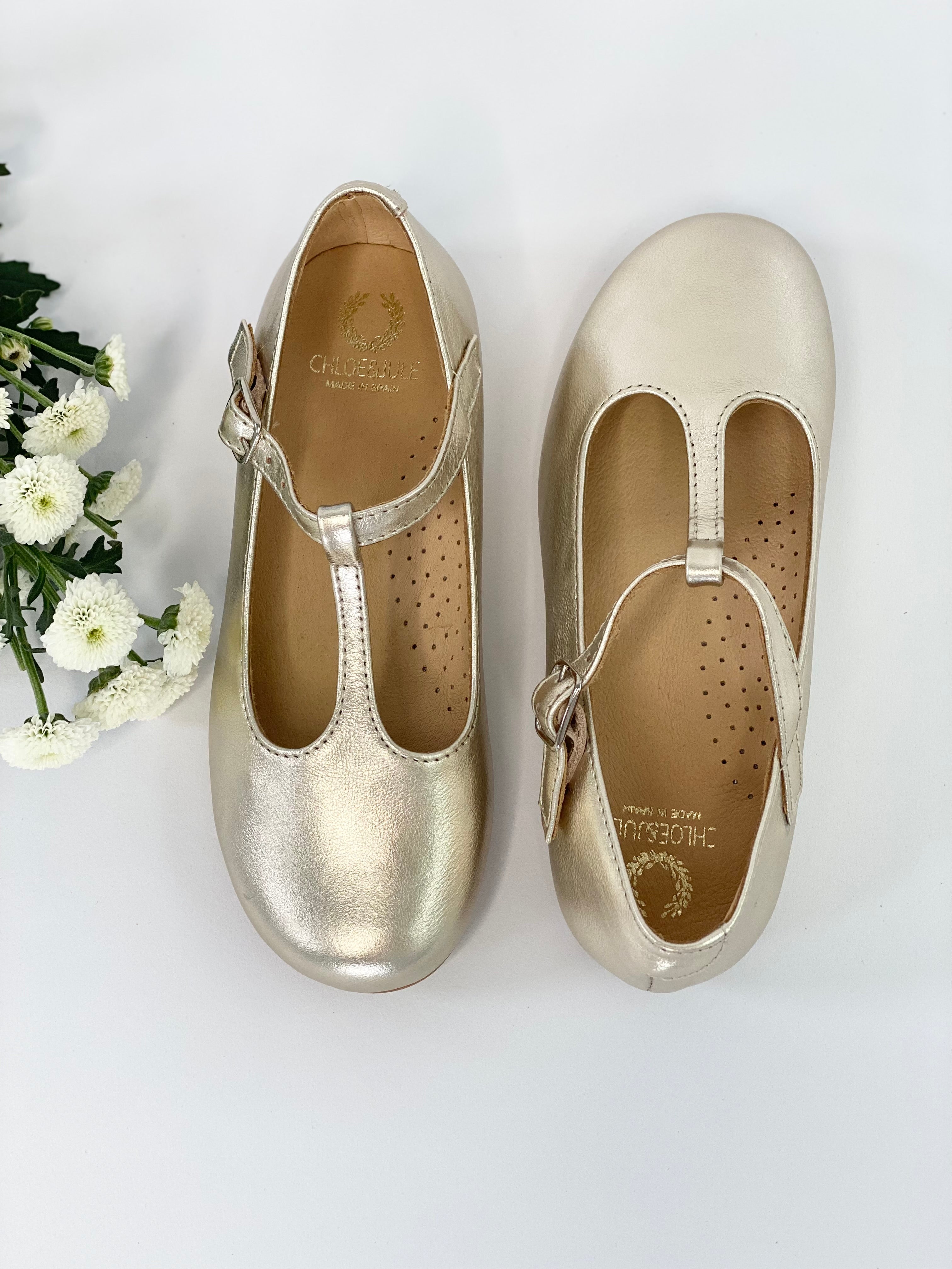 Champagne Gold T-Bar Mary Janes Chloe & Jule