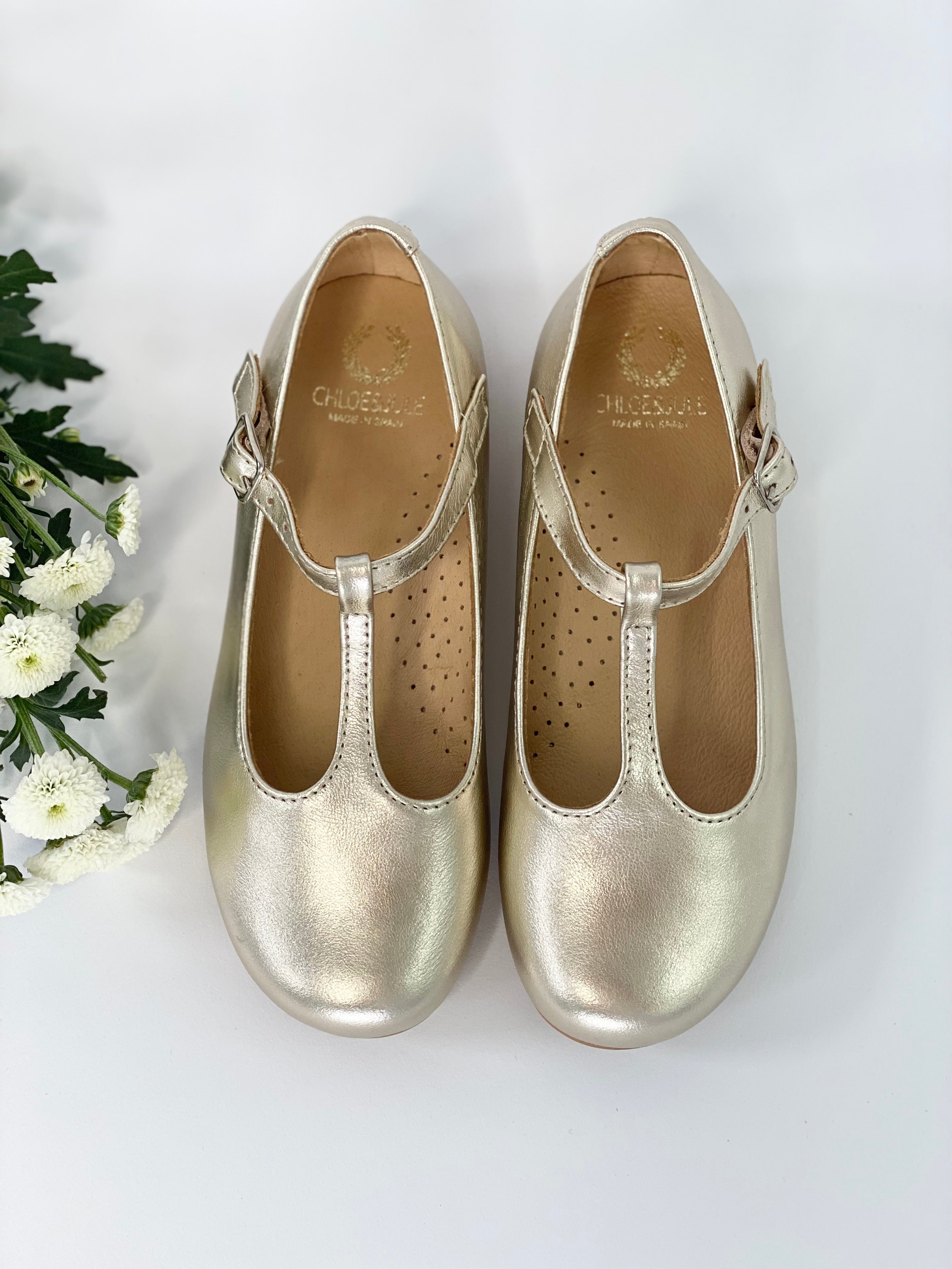 Champagne Gold T-Bar Mary Janes Chloe & Jule