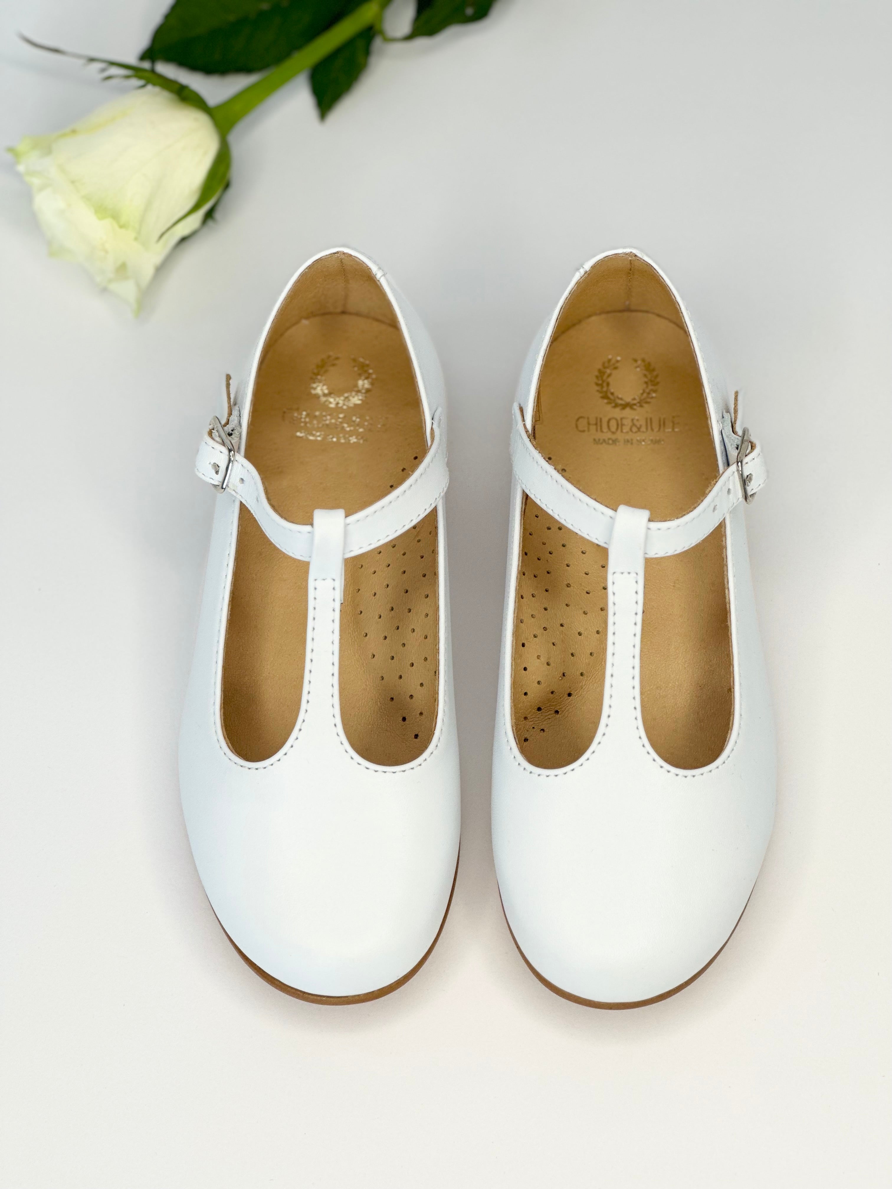 White Leather T-Bar Mary Jane Chloe & Jule