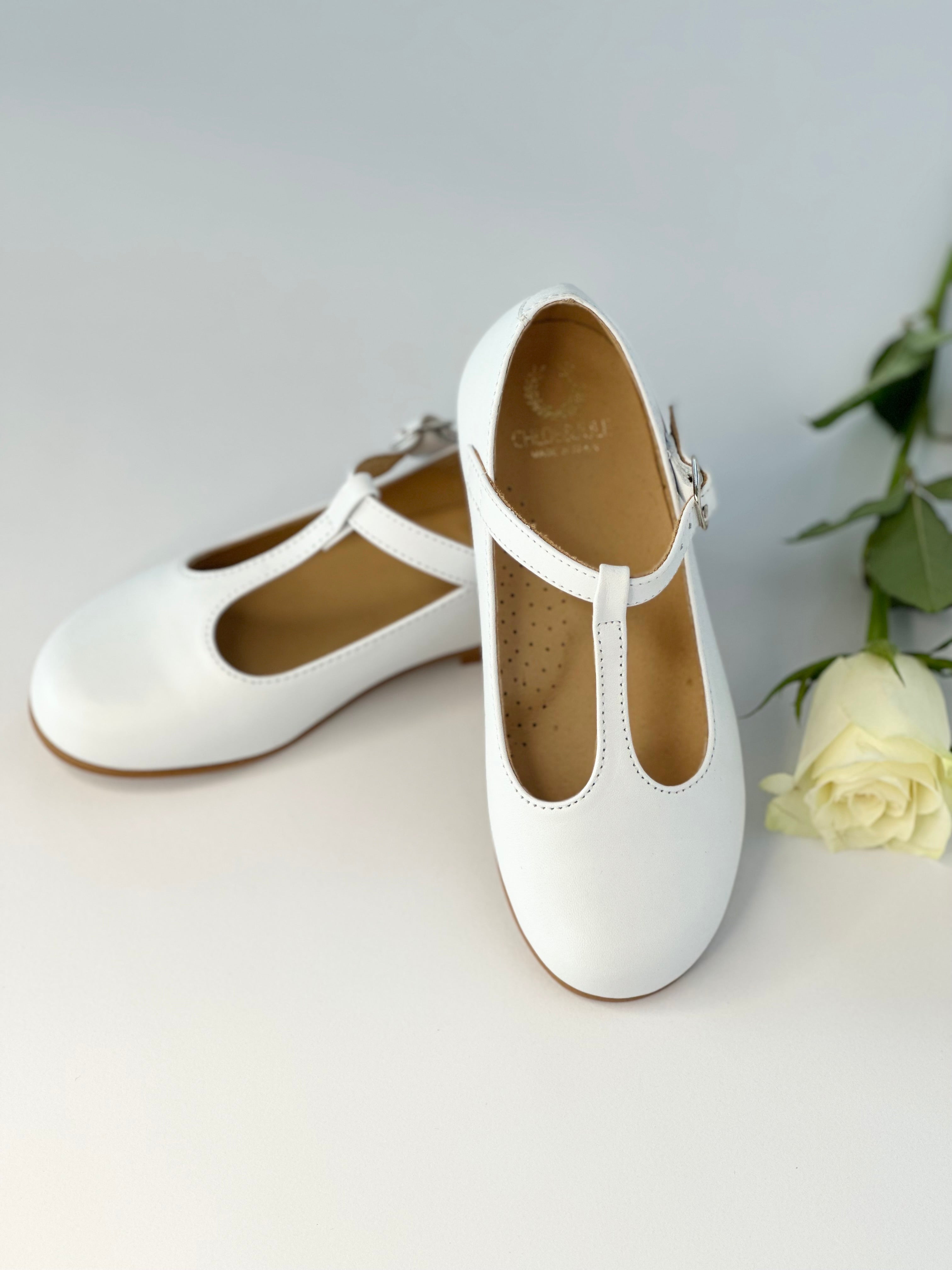White Leather T-Bar Mary Jane Chloe & Jule