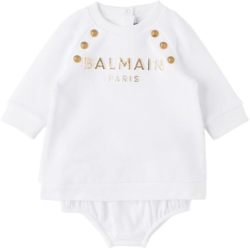 Baby White Embossed Dress & Briefs Set Balmain