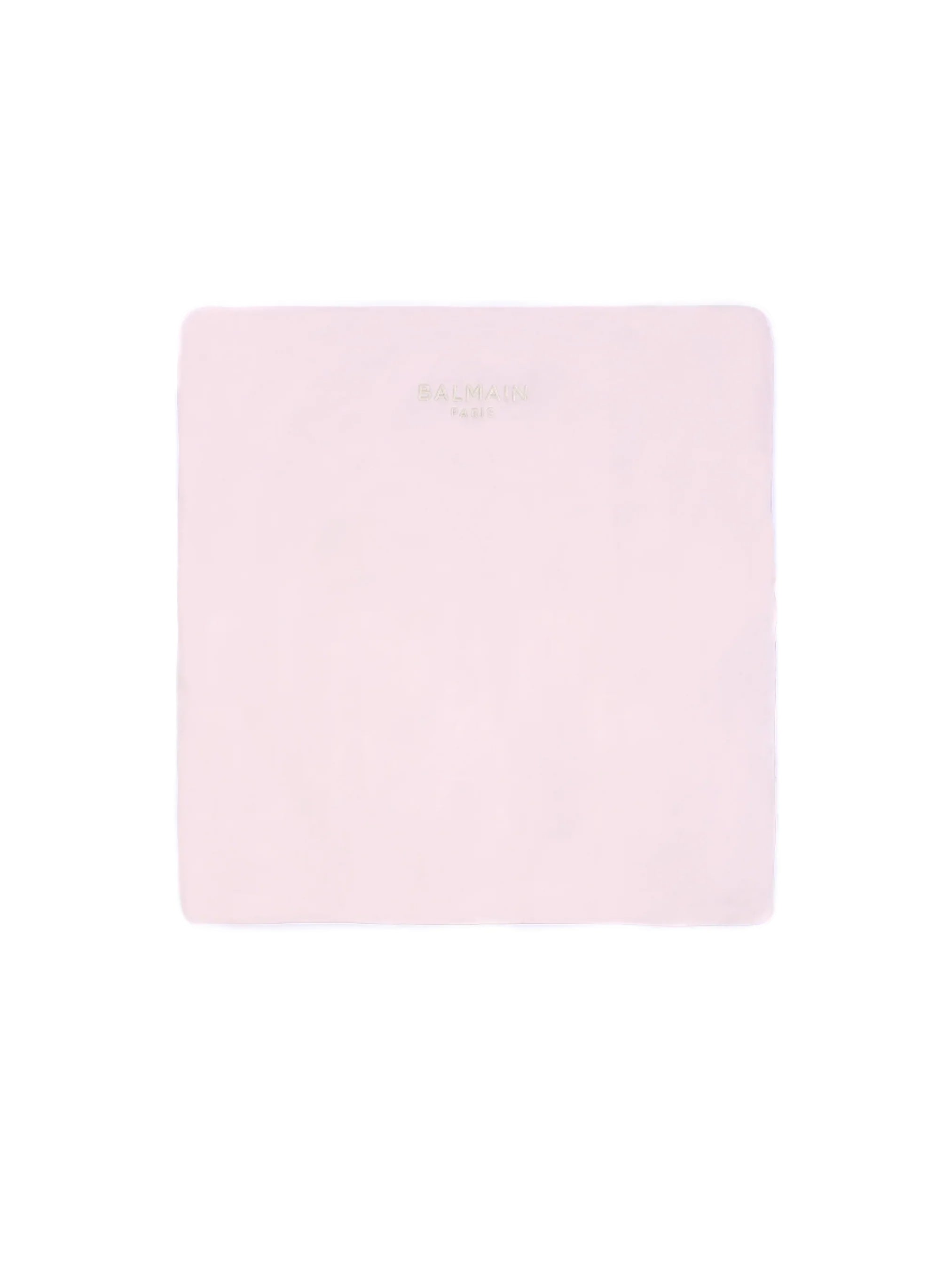 Pink square with a brand logo on a light pink background