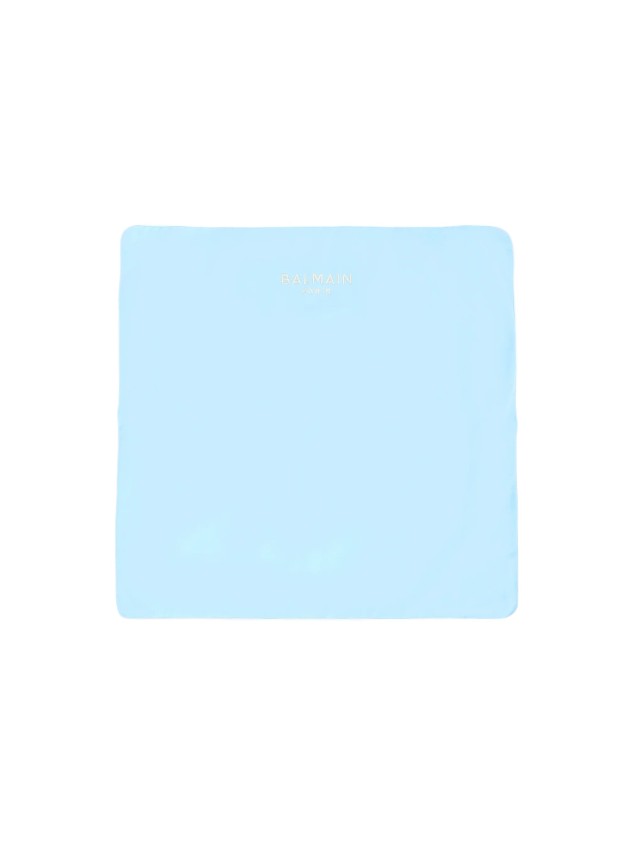 Light blue mouse pad with brand name on a beige background