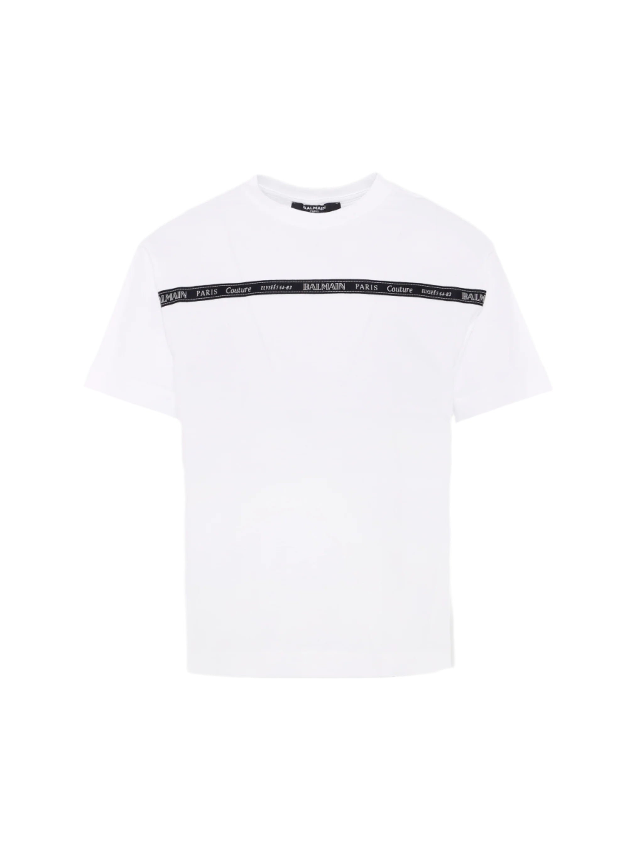 White t-shirt with black waistband on a white background