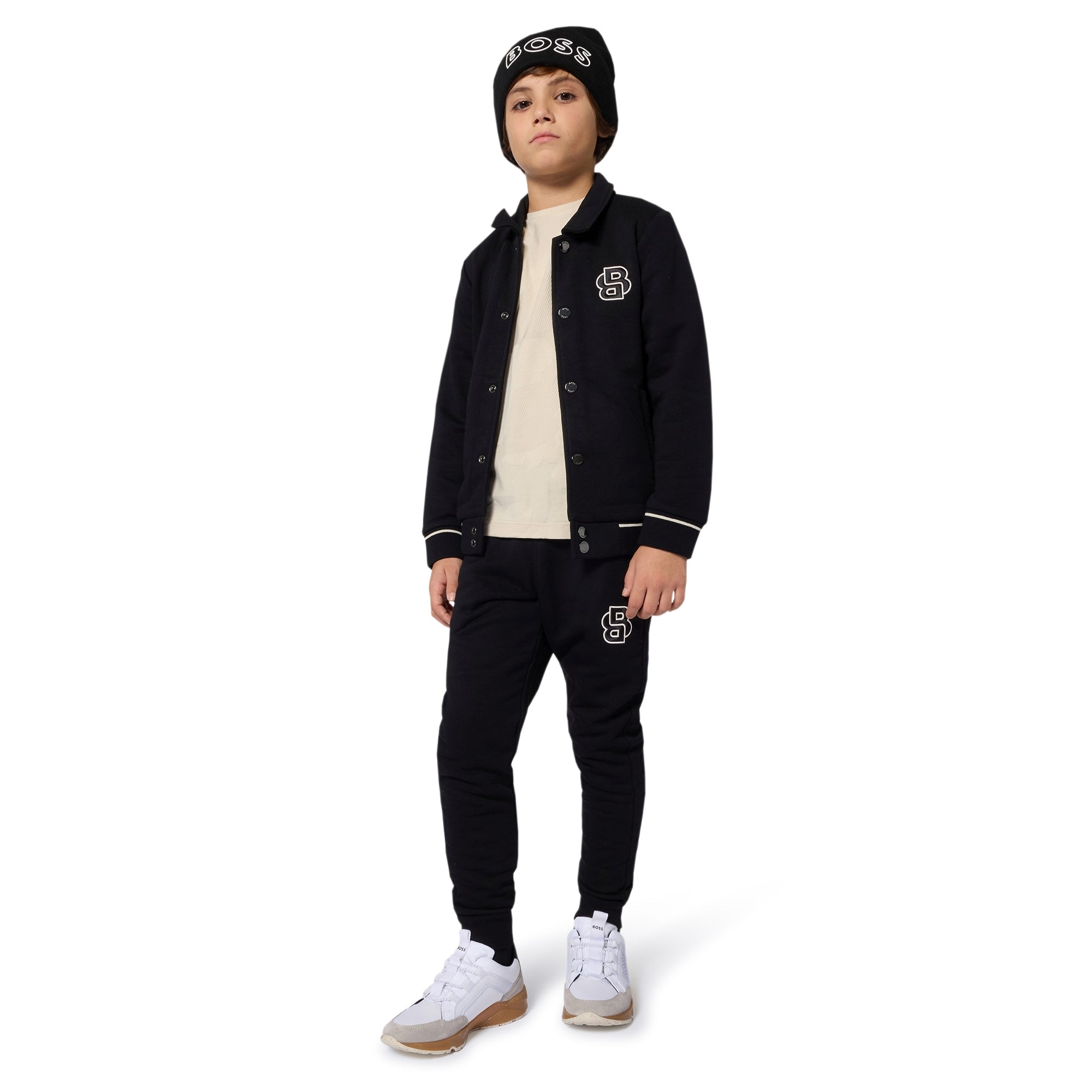 Black Varsity-Style Cotton Cardigan for Boys