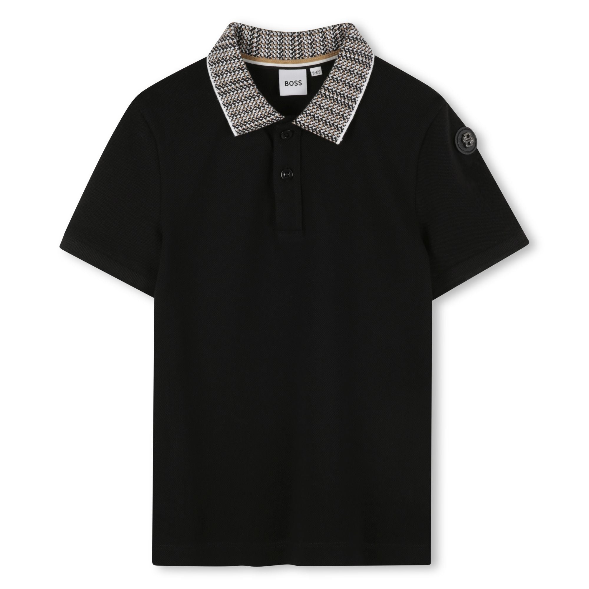 Cotton Piqué Short Sleeve Polo with Jacquard Collar and Logo Badge