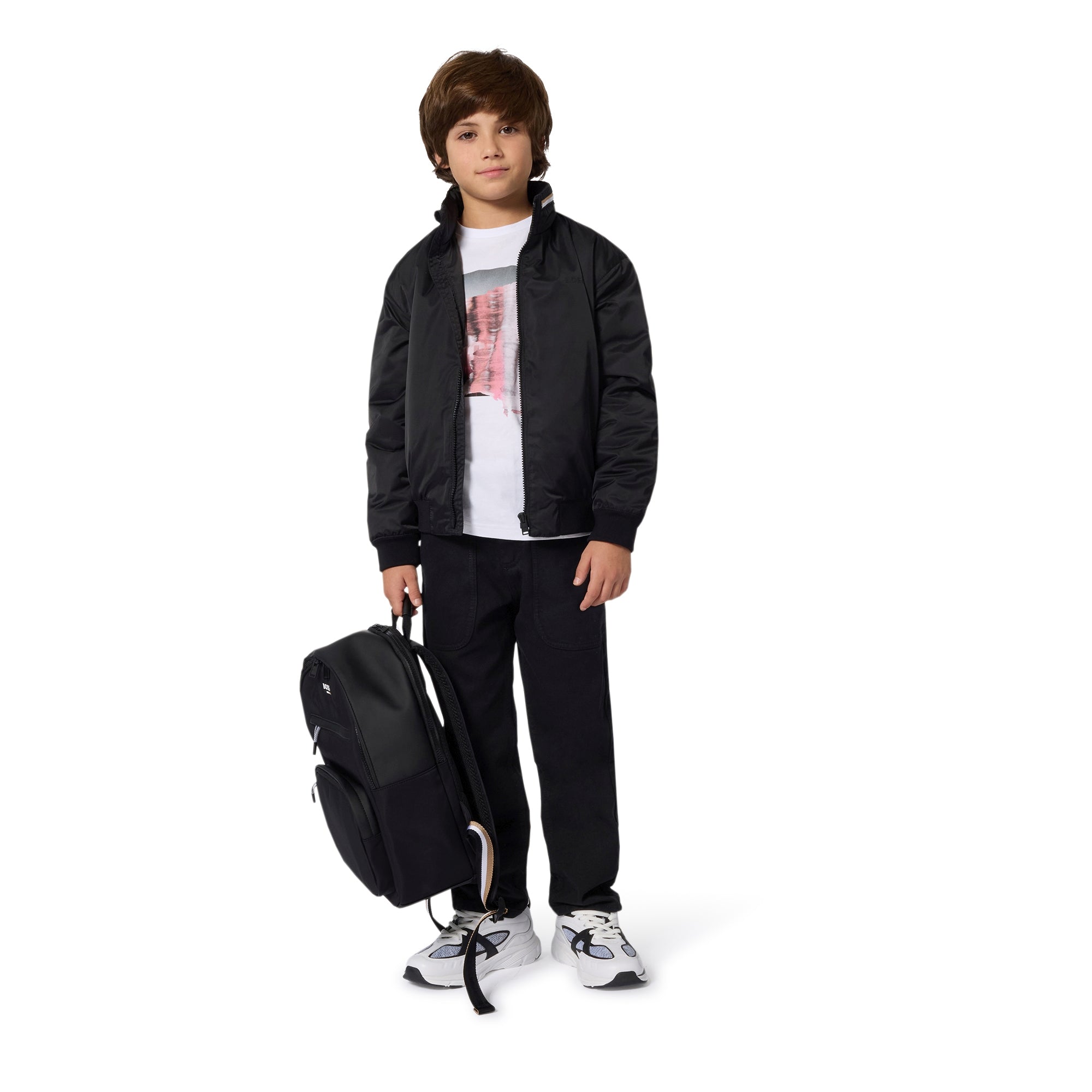 Polyester Jacket with Stand-Up Collar, Hidden Hood and Logo Print