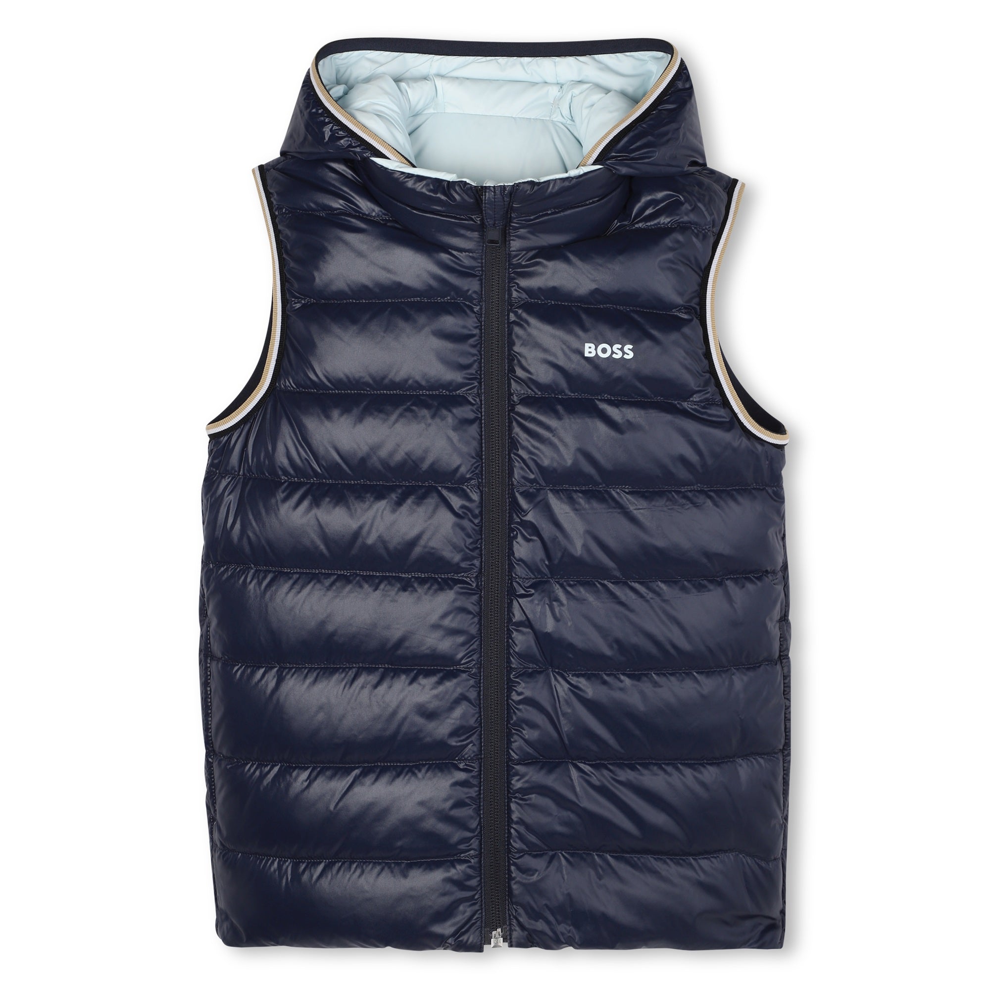 Reversible Sleeveless Hooded Down Jacket with Logo Print