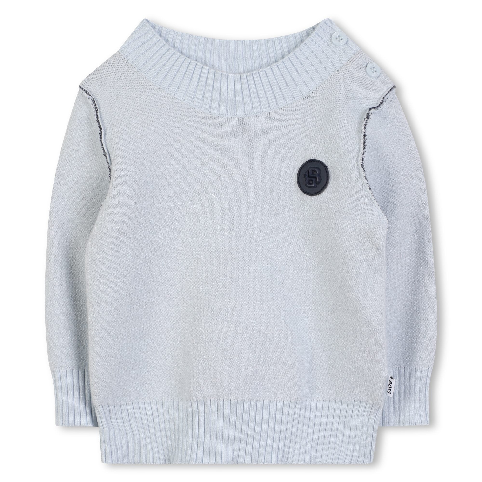 Pale Blue Knitted Jumper with Contrast Stitch Detail and Logo Badge