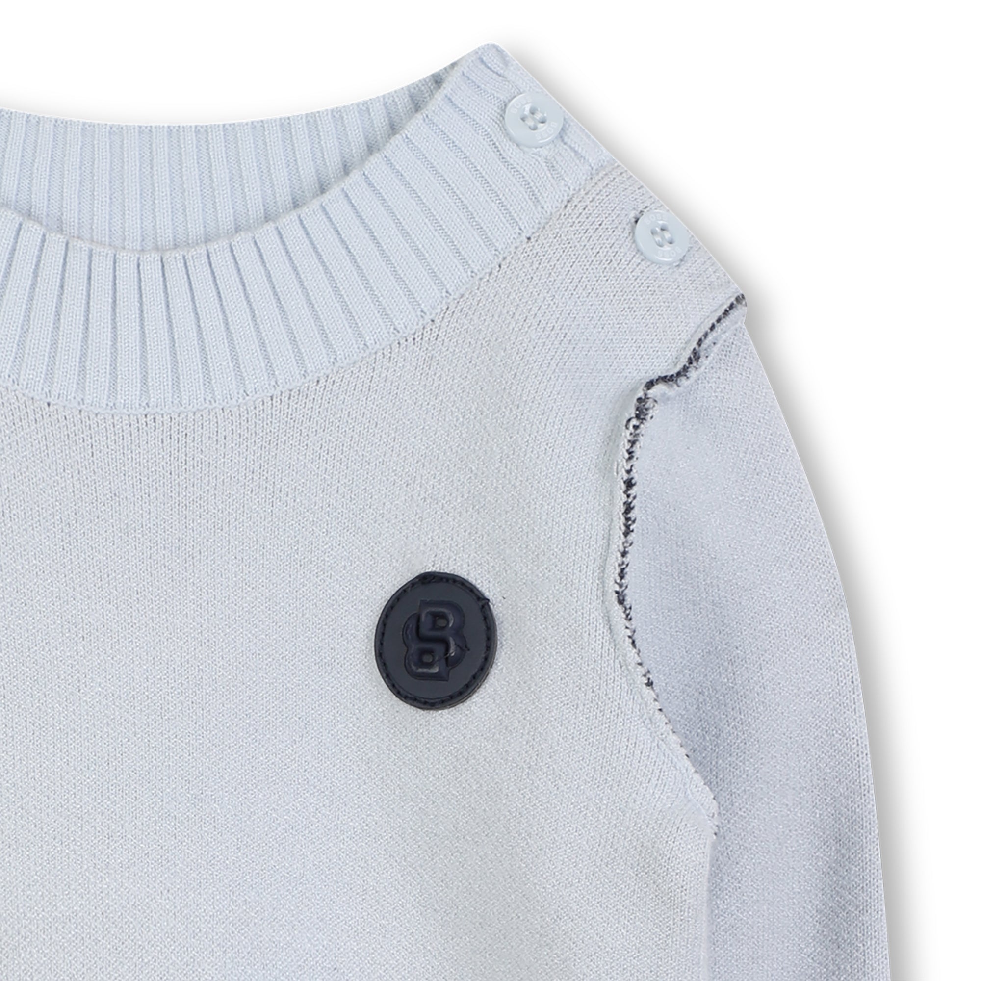 Pale Blue Knitted Jumper with Contrast Stitch Detail and Logo Badge