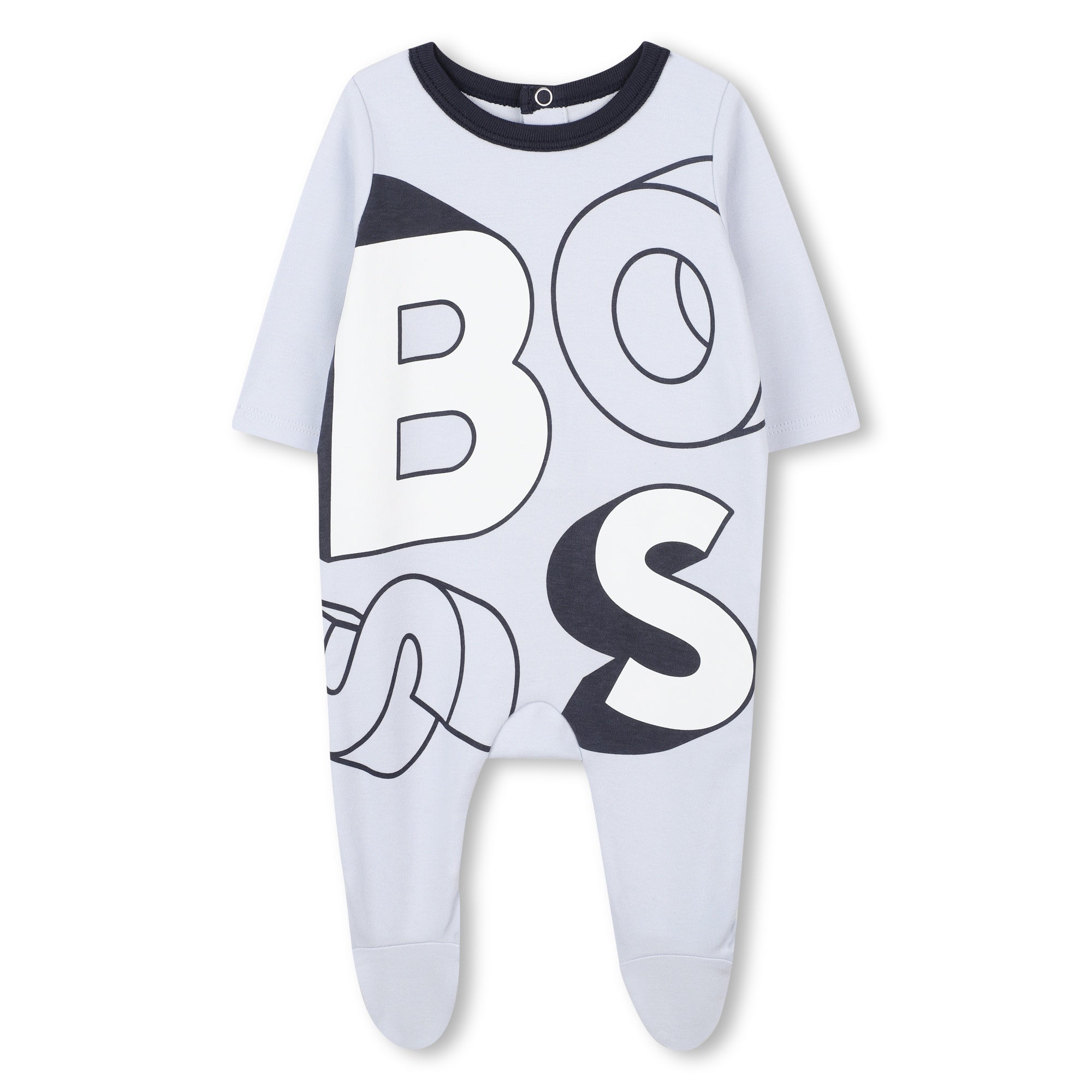 Pale Blue Cotton Babygrow with Oversized Logo Print and Integrated Feet Hugo Boss