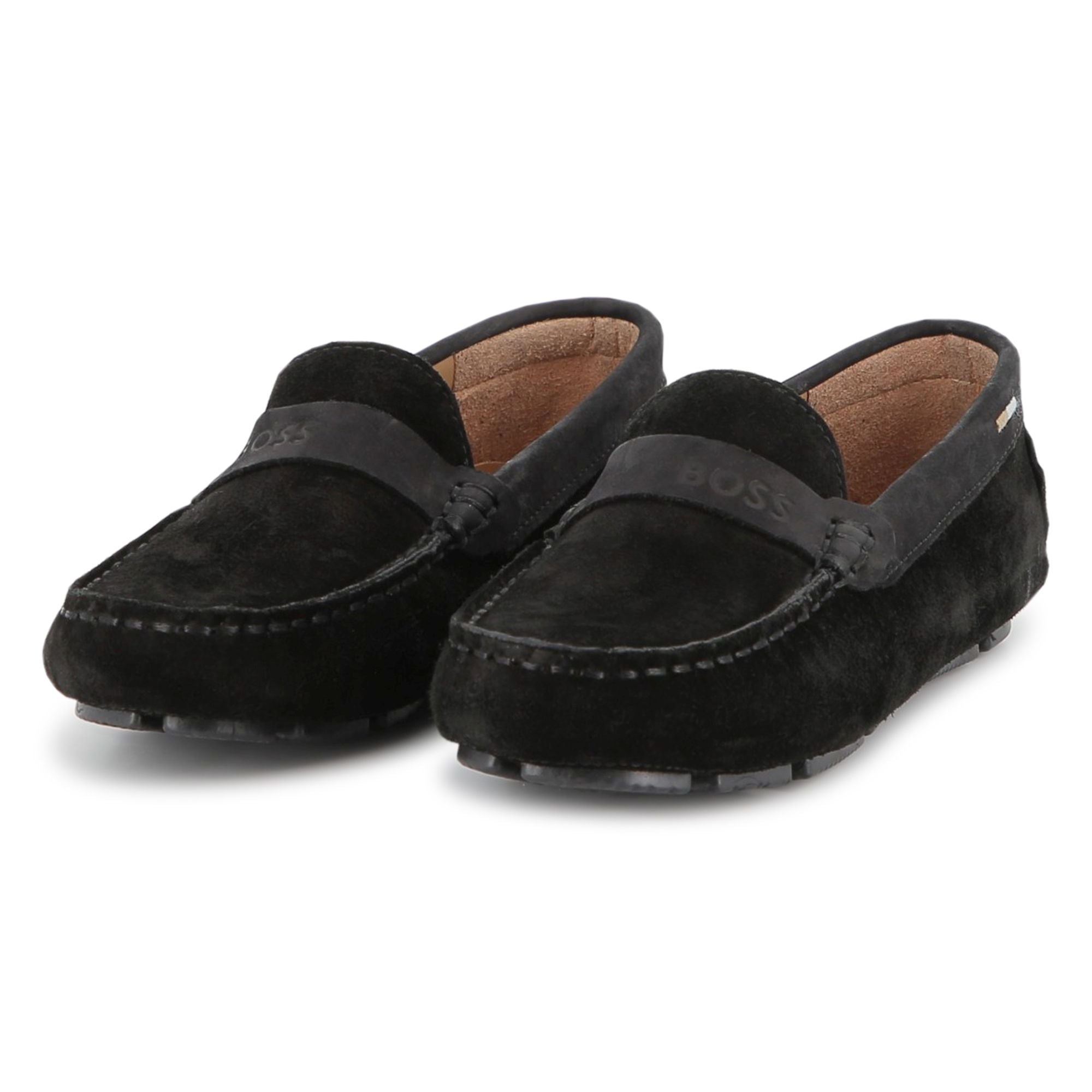 Suede Leather Loafers with Embossed Logo and Tricolour Stripe Embroidery