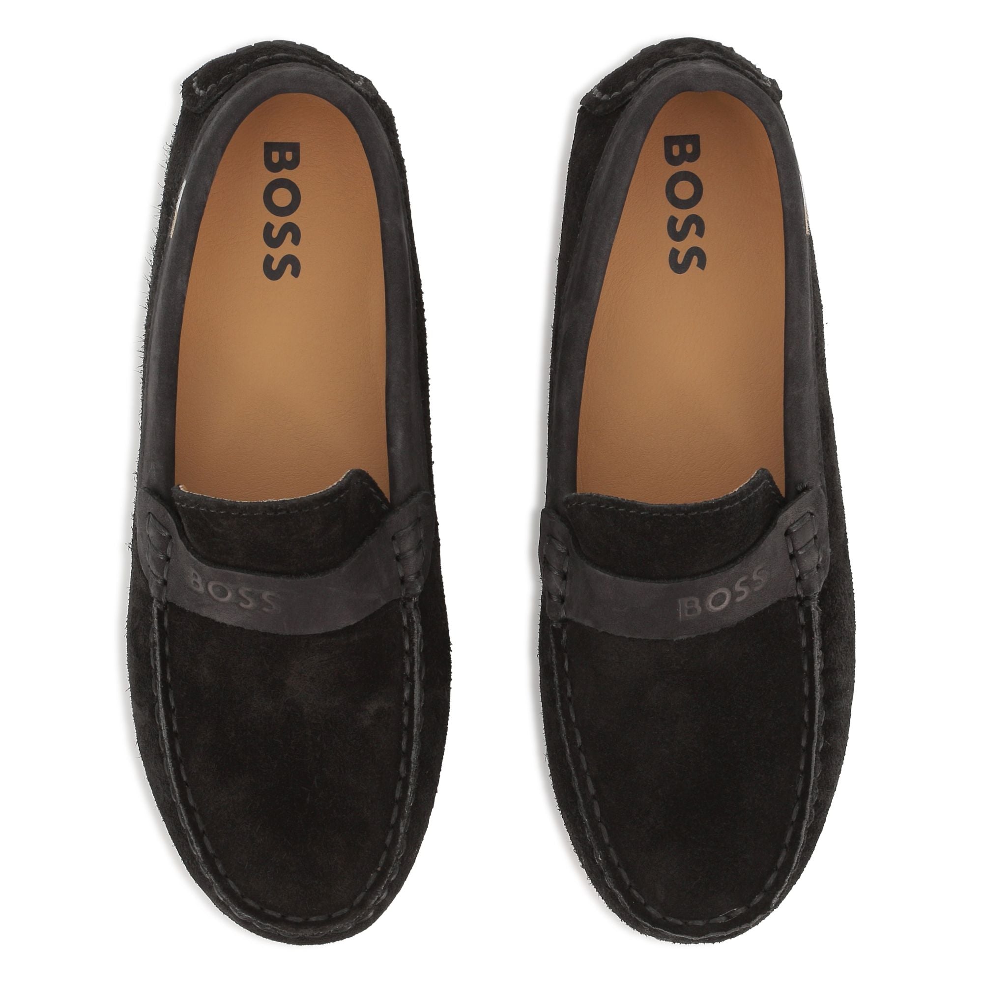 Suede Leather Loafers with Embossed Logo and Tricolour Stripe Embroidery
