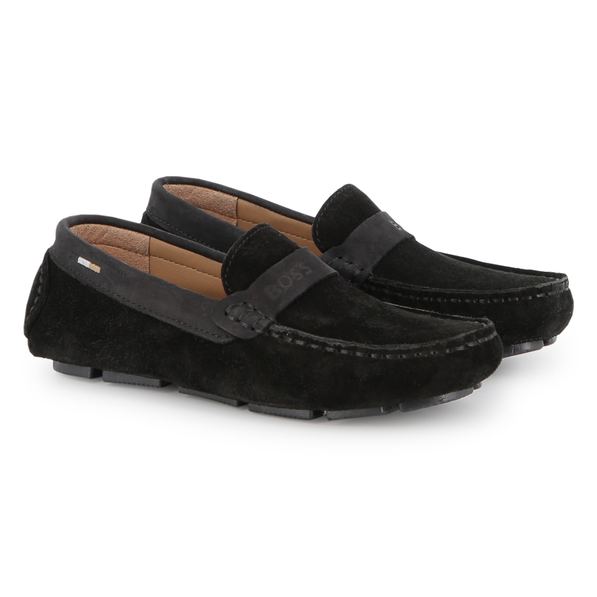 Suede Leather Loafers with Embossed Logo and Tricolour Stripe Embroidery