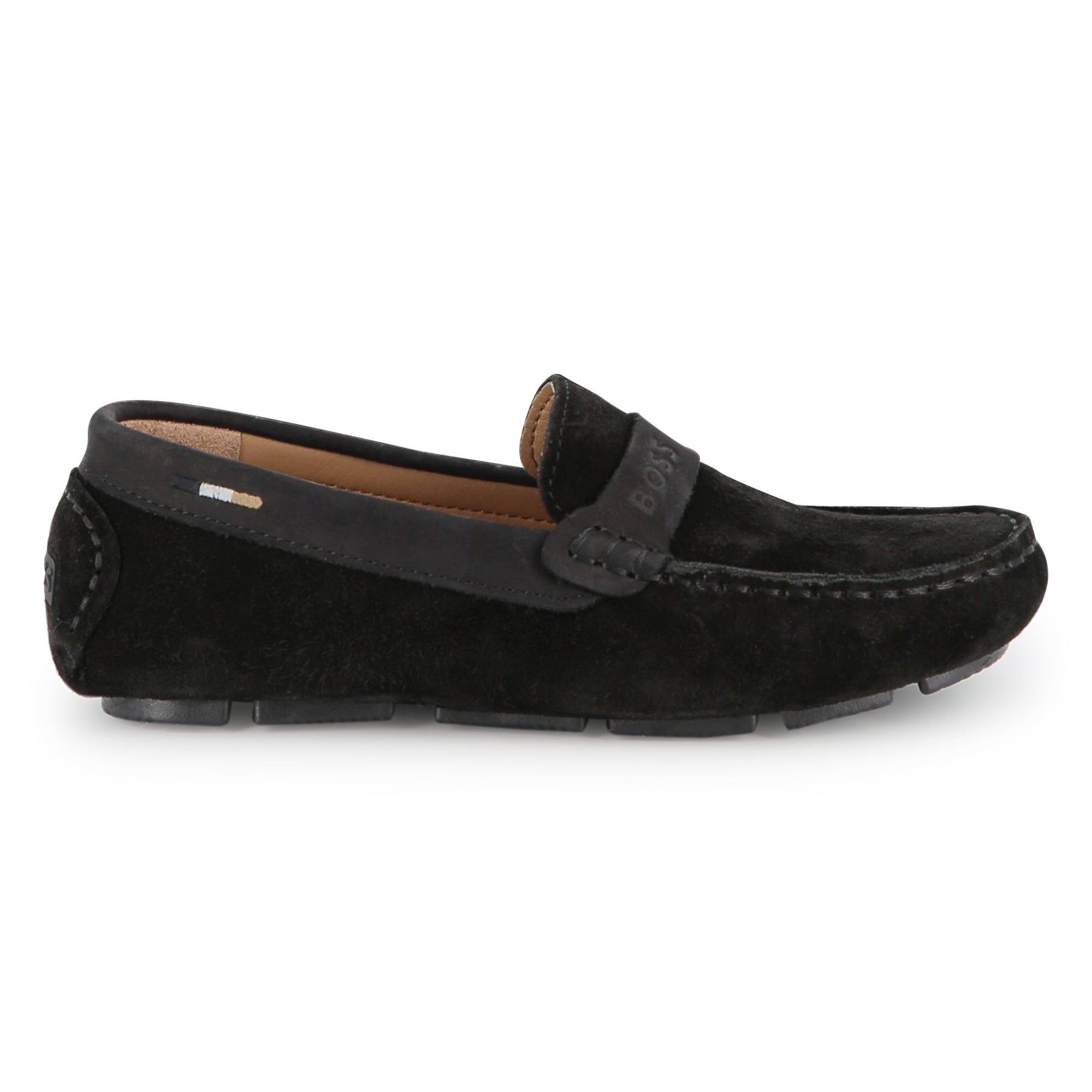 Suede Leather Loafers with Embossed Logo and Tricolour Stripe Embroidery